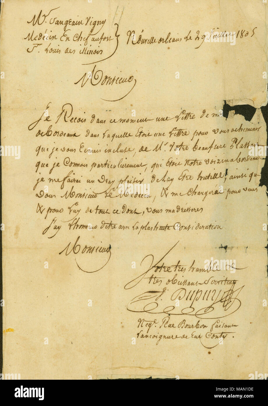 In Bezug auf einen Brief, den er ist die Weiterleitung an Saugrain von seinem Schwager Plassan. Titel: Brief an Antoine Saugrain von G. Dupuy, 29. Juli 1805. Vom 29. Juli 1805. Dupuy, G. Stockfoto