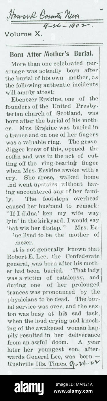 Erzählt den Mythos von Ann Carter Lee's vorzeitige Begräbnis. Titel: Zeitung Ausschnitt aus dem Rushville [Illinois], 26. September 1902. 26. September 1902. Stockfoto