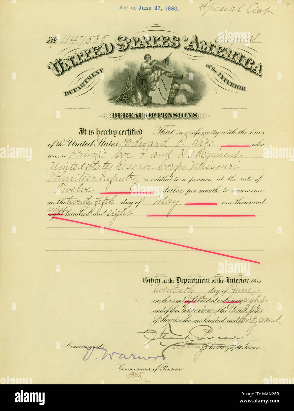 Staaten, die Reis, der eine war Privat in den Vereinigten Staaten finden Corps Missouri Volunteer Infanterie, auf eine Rente in Höhe von 12 $ pro Monat berechtigt ist. Titel: Bekanntmachung über das Recht auf Rente zu Edward Parker Reis, 20. Juni 1908. 20. Juni 1908. Pierce, Frank Stockfoto