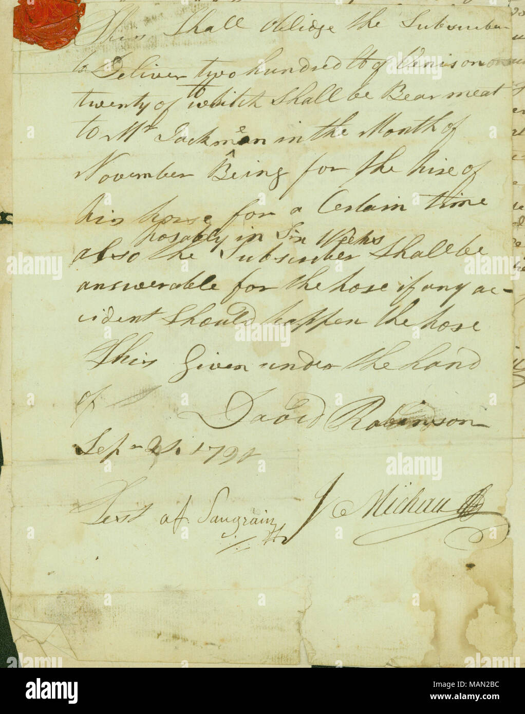 Dokumente der Jacquemin Kreditvergabe ein Pferd zu David Robinson, Antoine Saugrain, ein Zeugnis. Titel: Papiere über die Miete von Pferd, Zahlung in Wild oder Bär Fleisch gemacht werden, 22. März 1792. 22. März 1792. Jacquemin, Antoine Francois Nicolas Stockfoto