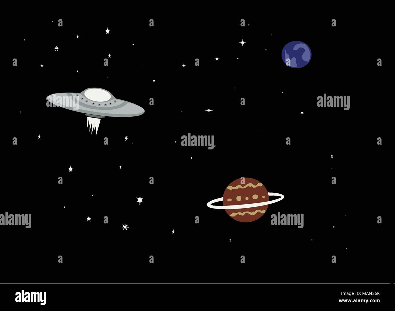Einfache Abbildung eines UFO Raumschiff im Weltall mit Planeten. Stock Vektor