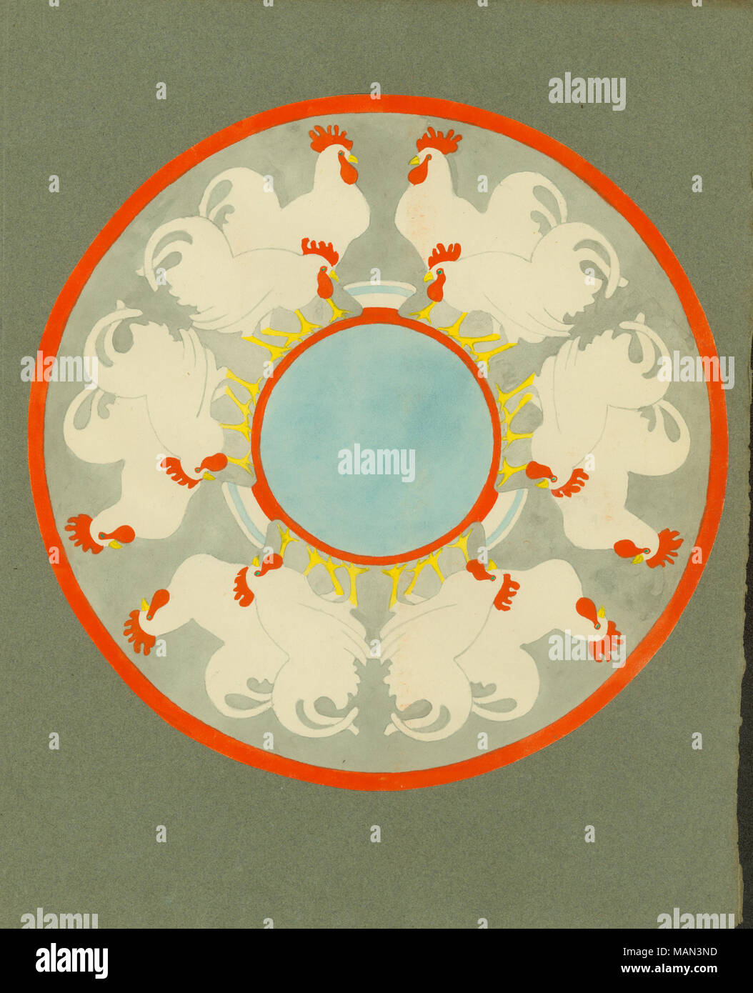 Hahn Design für Schüssel und die Platte eines Kindes durch Williamina Parrish, Seite 2. Titel: Die Töpferscheibe, Band 2, Nummer 12, Seite 12, Oktober 1906. Oktober 1906. Parrish, Williamina, 1879-1941 Stockfoto