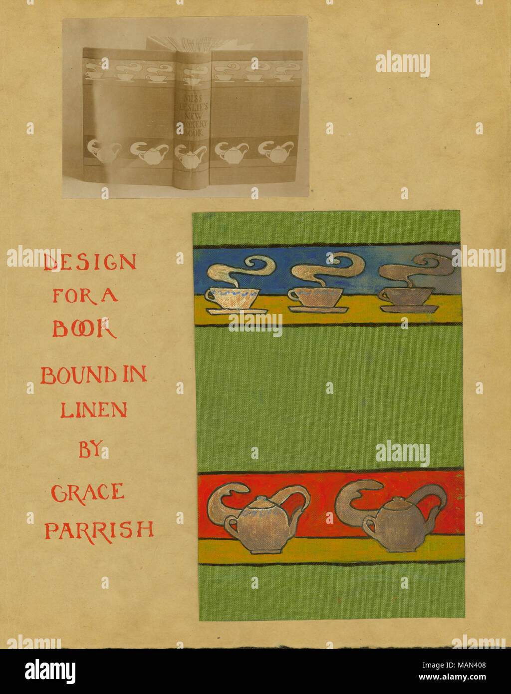 Design für ein Kochbuch in Leinen durch Gnade Parrish gebunden. Titel: Die Töpferscheibe, Band 2, Nummer 8, Seite 12, Juni 1906. Juni 1906. Parrish, Gnade, Susan, 1881-1954 Stockfoto