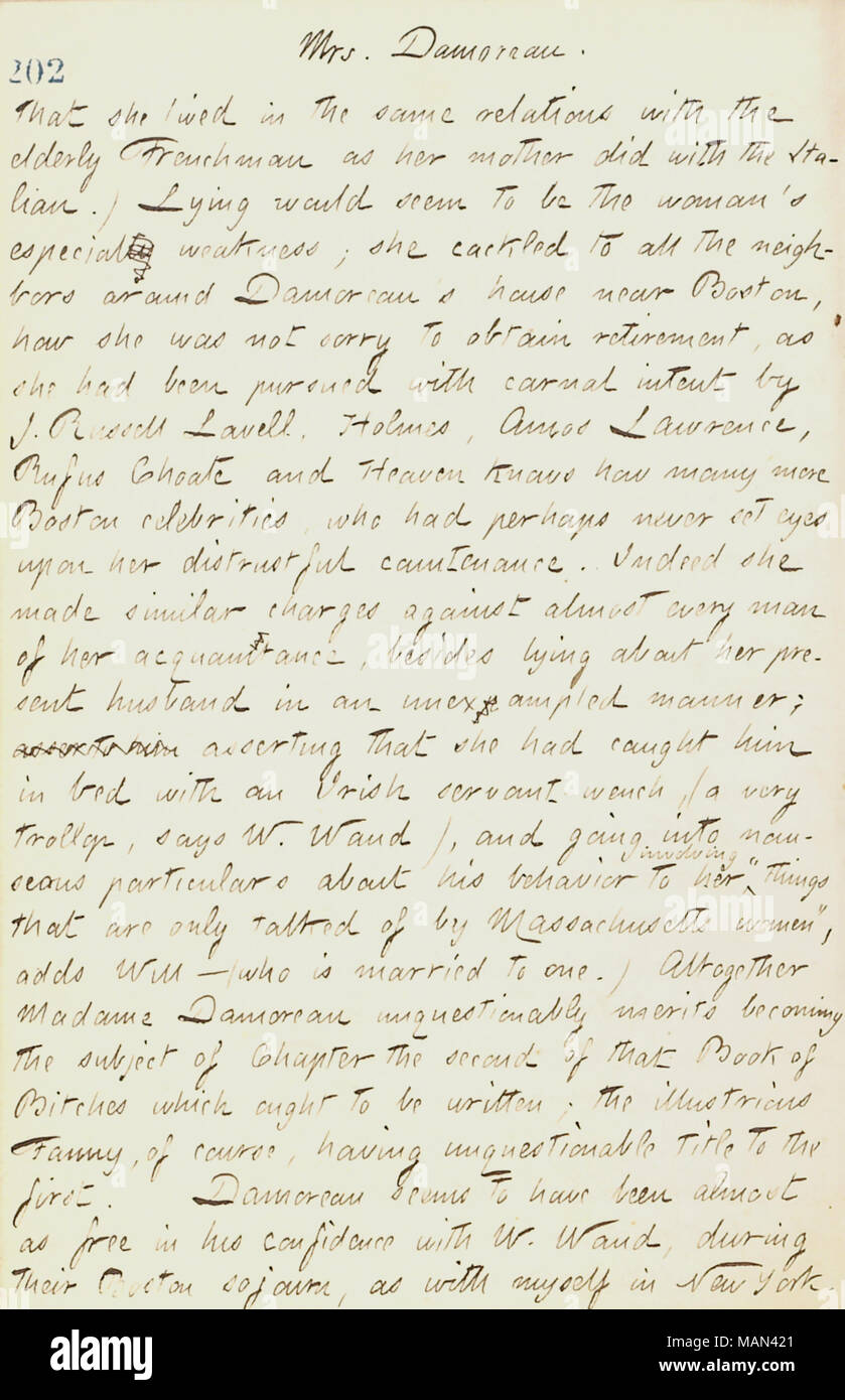 Beschreibt ein Gespräch mit William Waud über Frau Damoreau. Titel: Thomas Butler Gunn Tagebücher: Band 17, Seite 215, 27. September 1861. 27. September 1861. Gunn, Thomas Butler, 1826-1903 Stockfoto