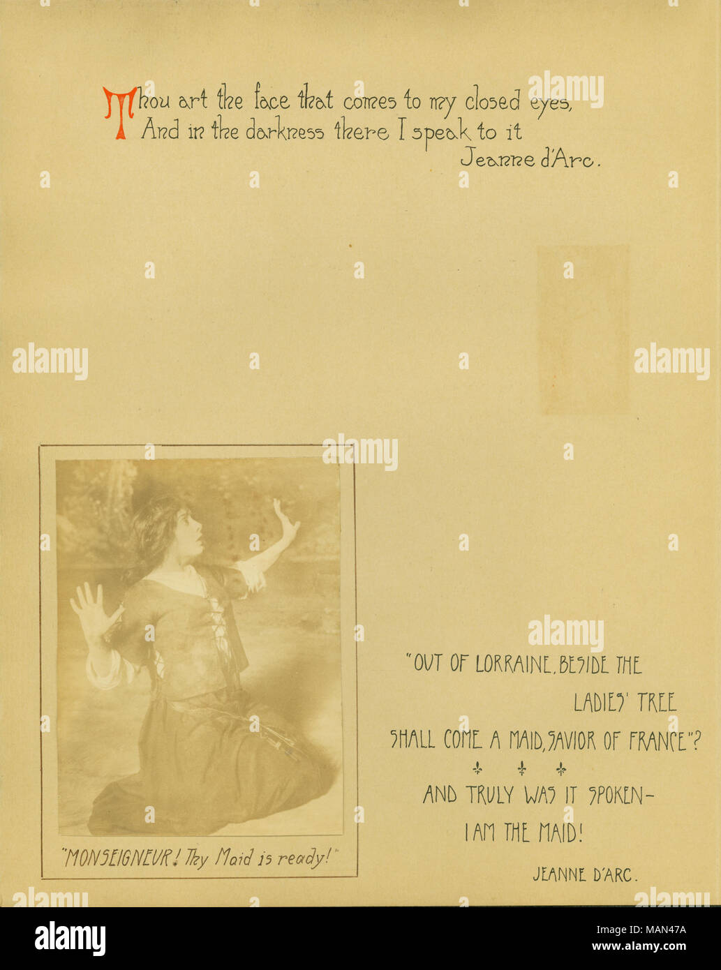 Zitate von Percy Mackaye von Jeanne d'Arc. Mit Foto von Julia Marlowe als Jeanne d'Arc. Titel: Die Töpferscheibe, Band 3, Nummer 8, Seite 29, Juni 1907. Juni 1907. MacKaye, Percy, 1875-1956 Stockfoto