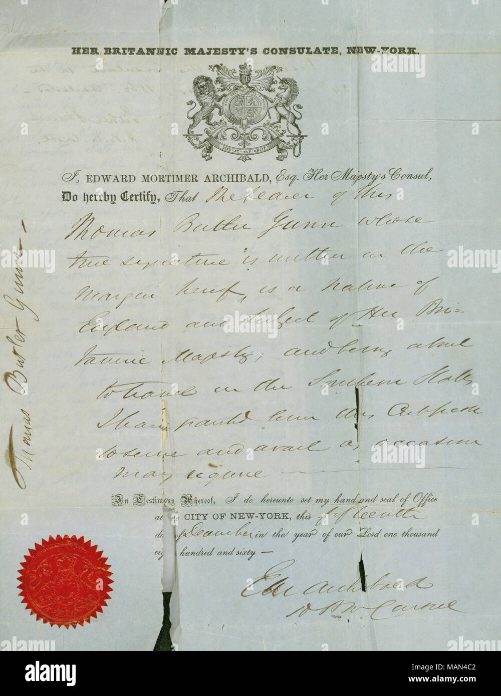 Gunn Reisepass erhalten von britischen Generalkonsul Edward Mortimer Archibald. Titel: Thomas Butler Gunn Tagebücher: Band 14, Seite 164, 15. Dezember 1860 [Pass]. 15. Dezember 1860. Gunn, Thomas Butler, 1826-1903 Stockfoto