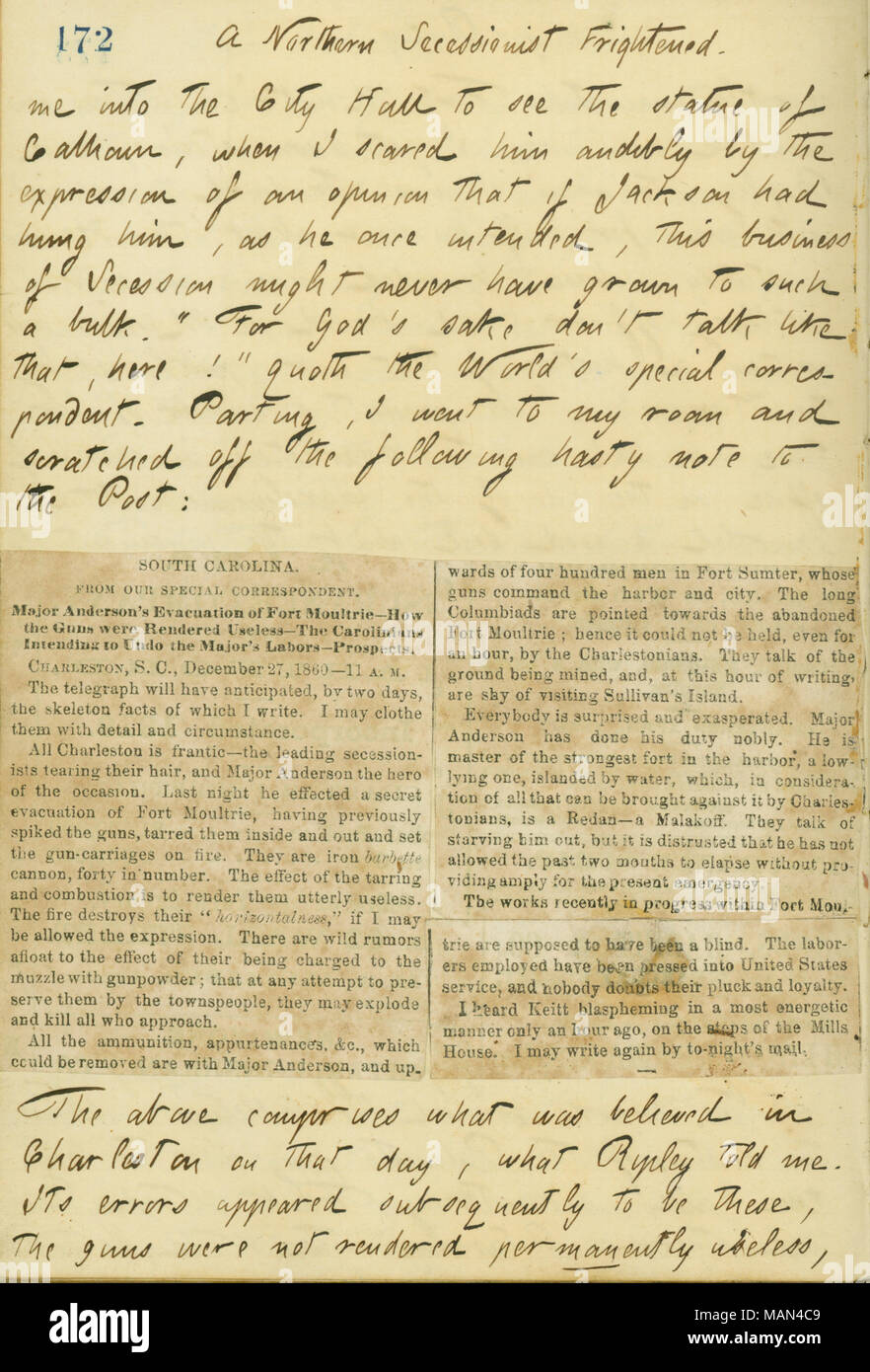 Mit Gunn von Zeitungen und die Evakuierung von Fort Moultrie von Major Anderson. Titel: Thomas Butler Gunn Tagebücher: Band 14, Seite 188, 27. Dezember 1860. 27. Dezember 1860. Gunn, Thomas Butler, 1826-1903 Stockfoto