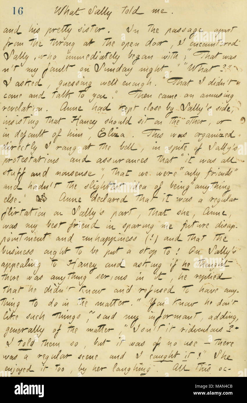 Beschreibt ein Gespräch mit Sally Edwards, in dem sie feststellt, dass ihre Familie versucht, ihr Weg von Gunn, ihn zu halten, die sich aus zukünftigen Enttäuschung zu speichern. Titel: Thomas Butler Gunn Tagebücher: Band 14, Seite 20, 3. Oktober 1860. 3. Oktober 1860. Gunn, Thomas Butler, 1826-1903 Stockfoto