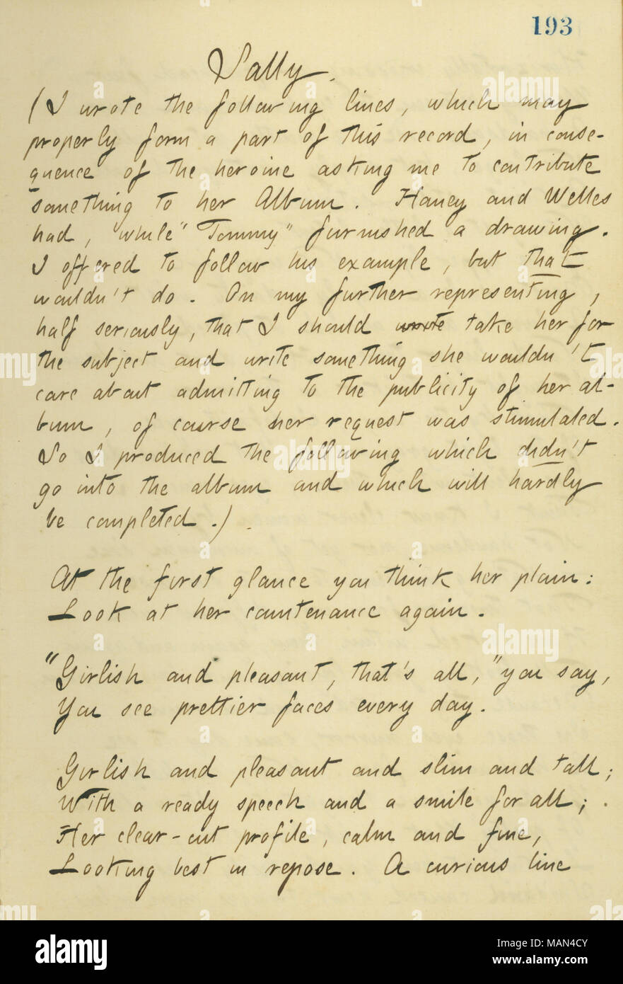 Gedicht von Gunn der Komposition über Sally Edwards. Titel: Thomas Butler Gunn Tagebücher: Band 14, Seite 212, 1860. 1860. Gunn, Thomas Butler, 1826-1903 Stockfoto