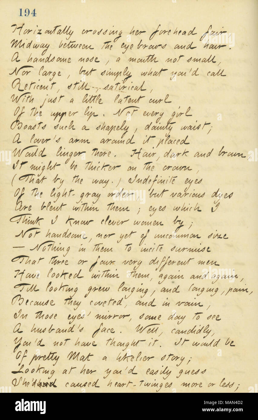 Gedicht von Gunn der Komposition über Sally Edwards. Titel: Thomas Butler Gunn Tagebücher: Band 14, Seite 213, 1860. 1860. Gunn, Thomas Butler, 1826-1903 Stockfoto
