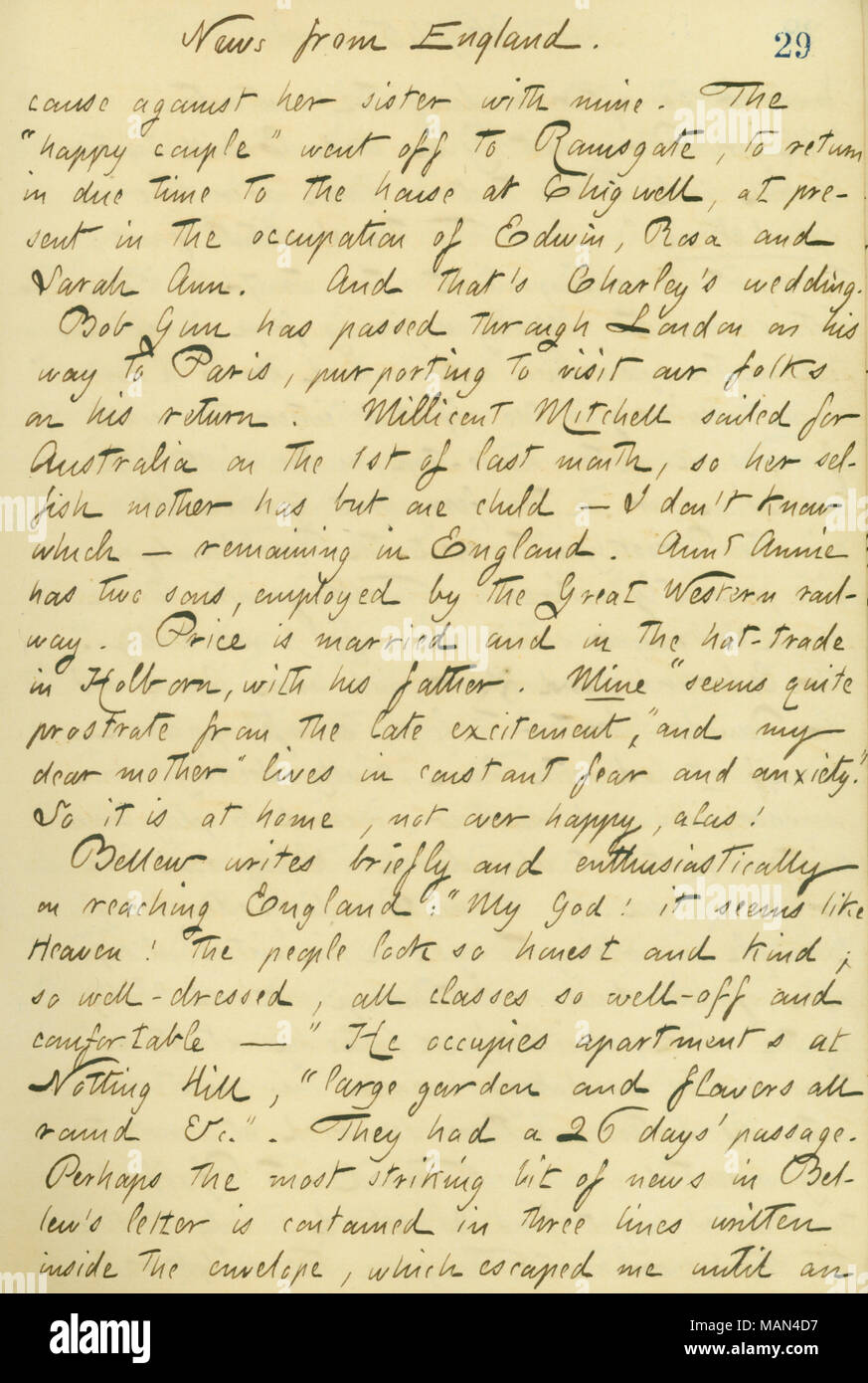 Diskutiert Nachrichten aus England von Briefen von seiner Mutter und Frank Bellew empfangen. Titel: Thomas Butler Gunn Tagebücher: Band 14, Seite 33, 6. Oktober 1860. Vom 6. Oktober 1860. Gunn, Thomas Butler, 1826-1903 Stockfoto