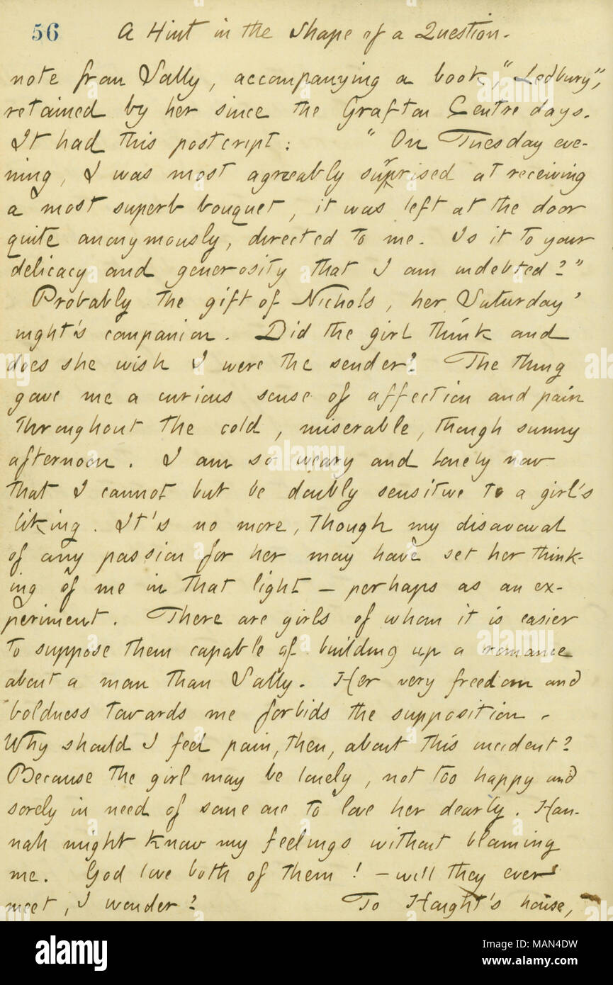 Beschreibt eine Anmerkung von Sally Edwards, fragten sie, ob Gunn Das ist einer, der ihr Blumen anonym verschickt. Titel: Thomas Butler Gunn Tagebücher: Band 14, Seite 62, 18. Oktober 1860. 18. Oktober 1860. Gunn, Thomas Butler, 1826-1903 Stockfoto