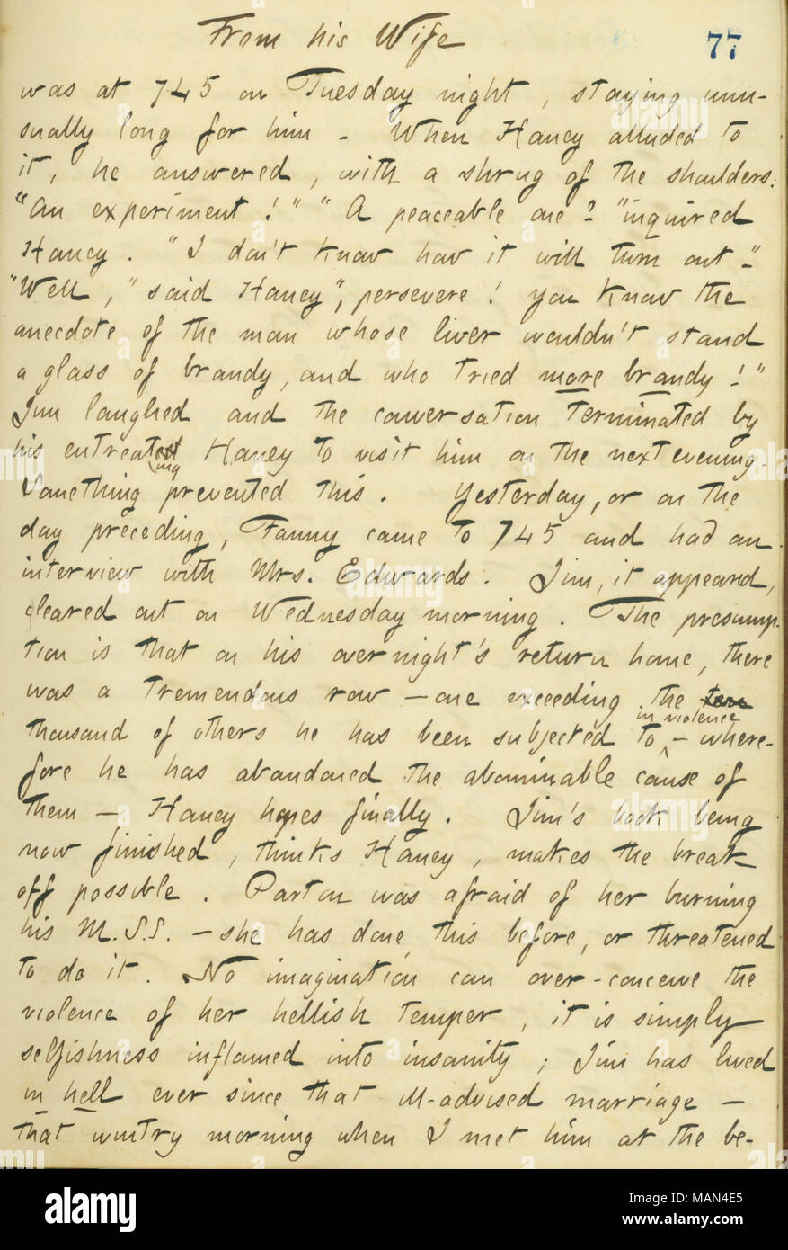 Erzählt die Geschichte von, wie James Parton seine Frau, Fanny Farn links, von Jesse Haney gehört. Titel: Thomas Butler Gunn Tagebücher: Band 14, Seite 86, 2. November 1860. 2. November 1860. Gunn, Thomas Butler, 1826-1903 Stockfoto