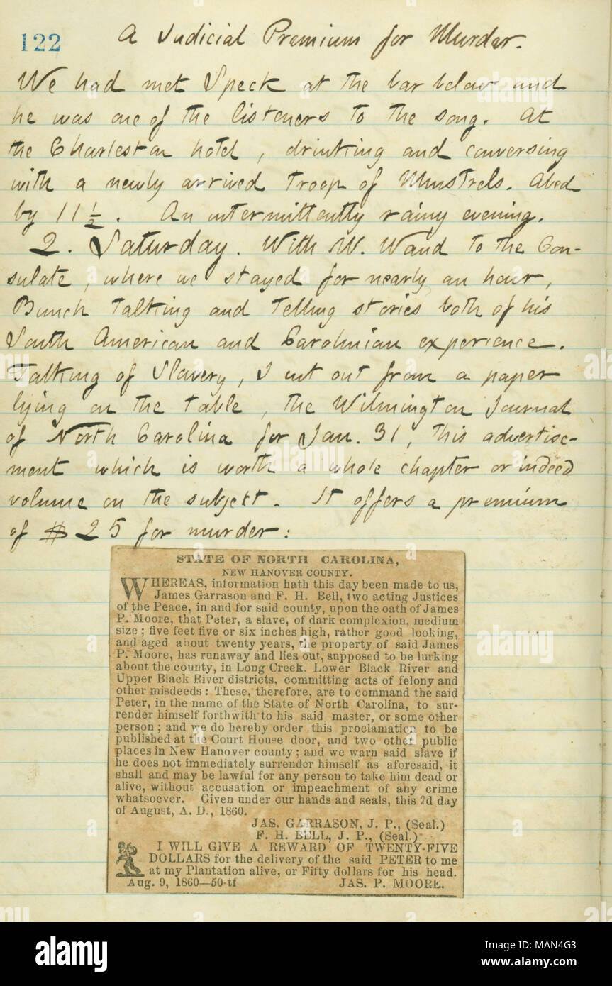Enthält eine Zeitung Ausschnitt über einen entflohenen Sklaven namens Peter. Titel: Thomas Butler Gunn Tagebücher: Band 15, Seite 132, 1. Februar 1861. 1. Februar 1861. Gunn, Thomas Butler, 1826-1903 Stockfoto