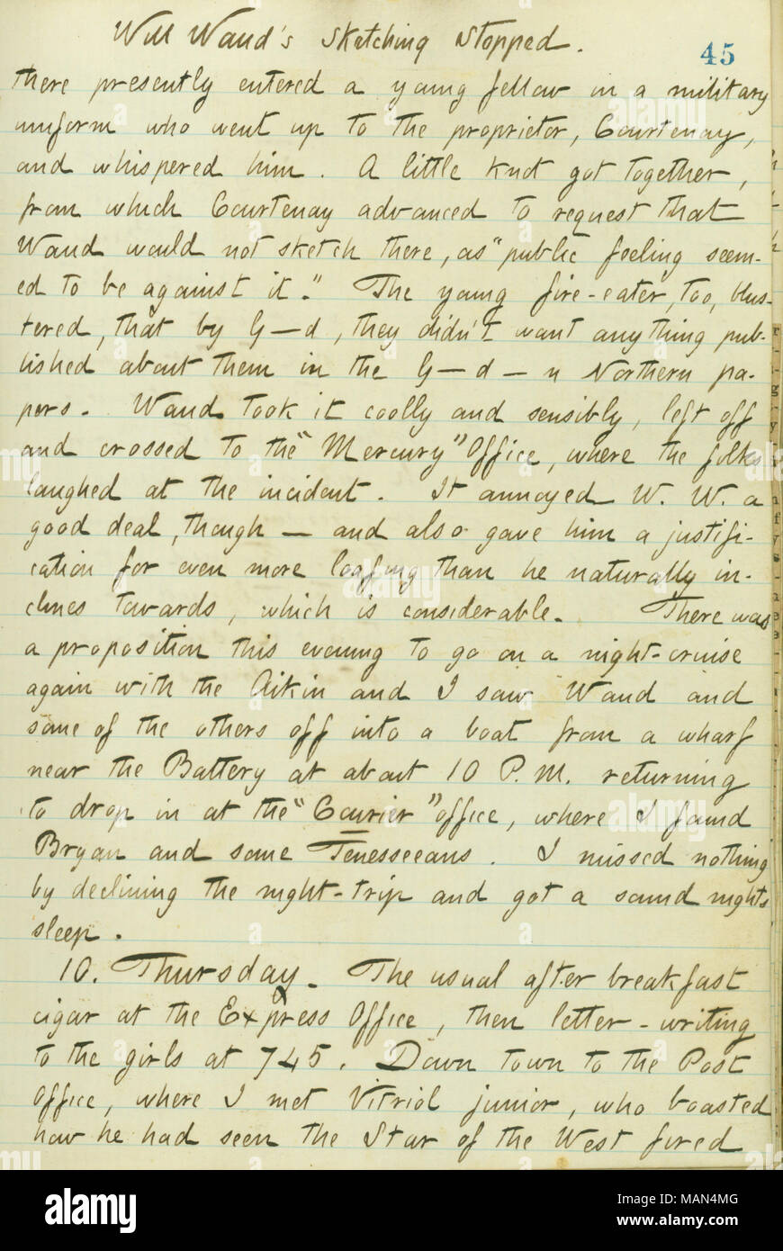 Erwähnt, dass William Waud von skizzieren das Quecksilber verhindert wurde. Titel: Thomas Butler Gunn Tagebücher: Band 15, Seite 53, 9. Januar 1861. 9. Januar 1861. Gunn, Thomas Butler, 1826-1903 Stockfoto