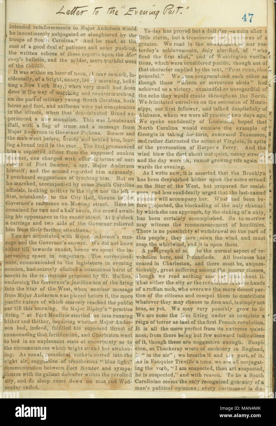 Mit Gunn der Zeitungsbericht der Feuern auf den Stern des Westens für den Abend Post geschrieben. Titel: Thomas Butler Gunn Tagebücher: Band 15, Seite 55, 10. Januar 1861. 10. Januar 1861. Gunn, Thomas Butler, 1826-1903 Stockfoto