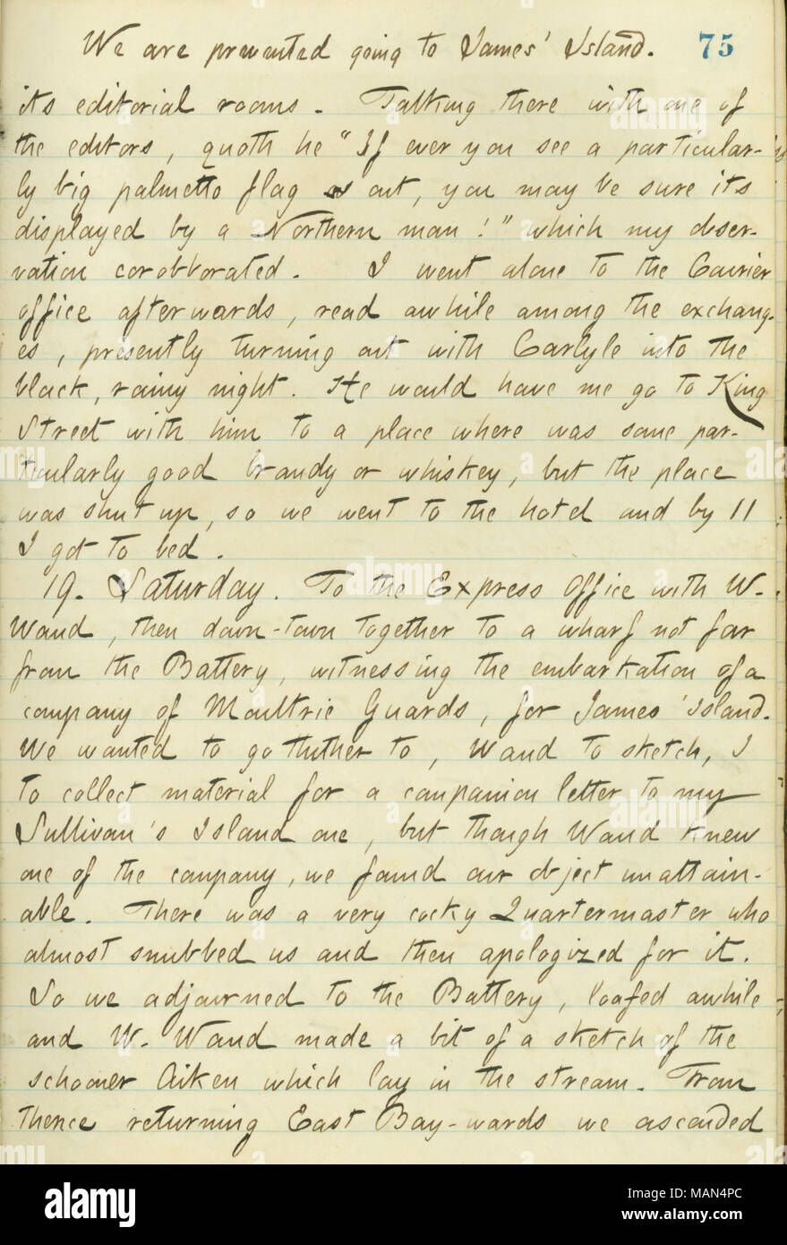 Beschreibt einen erfolglosen Versuch James Island mit William Waud zu besuchen. Titel: Thomas Butler Gunn Tagebücher: Band 15, Seite 85, 18. Januar 1861. 18. Januar 1861. Gunn, Thomas Butler, 1826-1903 Stockfoto