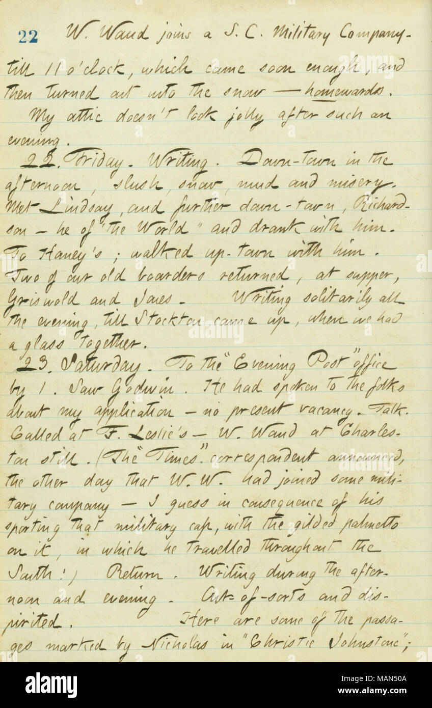Erwähnt, dass William Waud einen nach Süden Carolinian militärisches Unternehmen verbunden hat. Titel: Thomas Butler Gunn Tagebücher: Band 16, Seite 33, 21. März 1861. 21. März 1861. Gunn, Thomas Butler, 1826-1903 Stockfoto