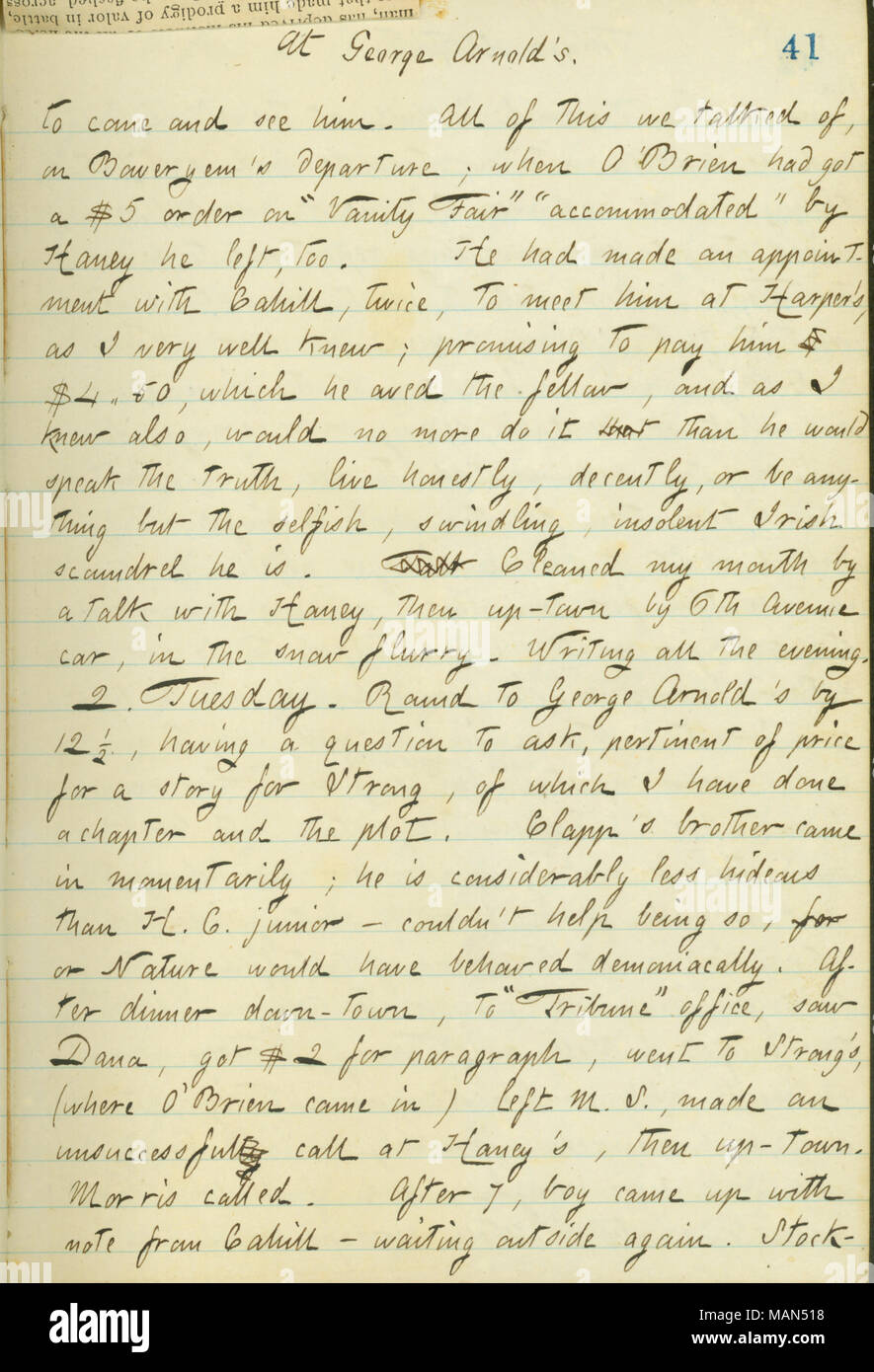 Erwähnt besuch George Arnold mit einer Frage bezüglich der Zahlung für eine Geschichte. Titel: Thomas Butler Gunn Tagebücher: Band 16, Seite 54, April 1, 1861. 1. April 1861. Gunn, Thomas Butler, 1826-1903 Stockfoto