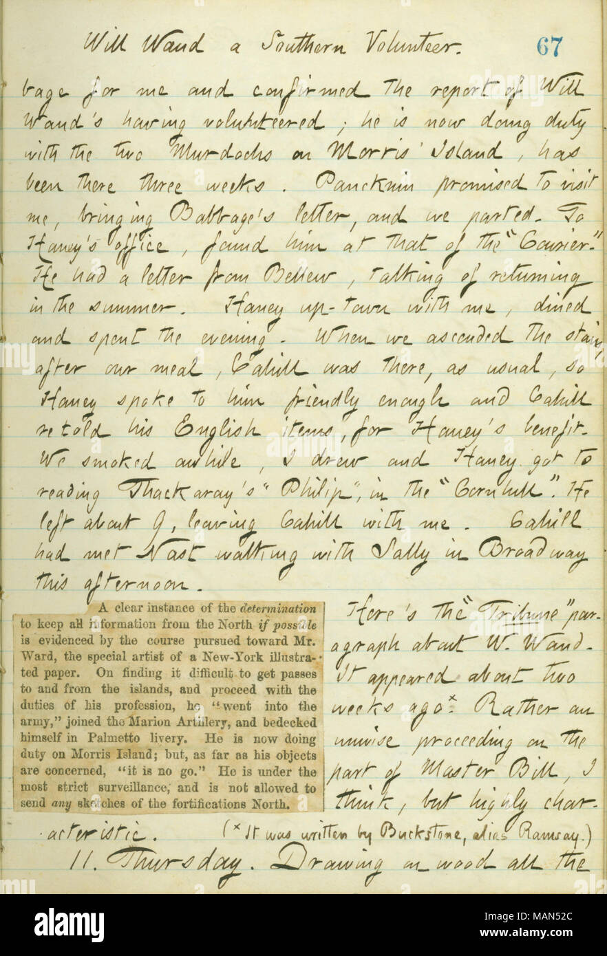 Über die Gründe, William Waud ein Südcarolina Miliz Firma verbunden. Titel: Thomas Butler Gunn Tagebücher: Band 16, Seite 81, 10. April 1861. 10. April 1861. Gunn, Thomas Butler, 1826-1903 Stockfoto