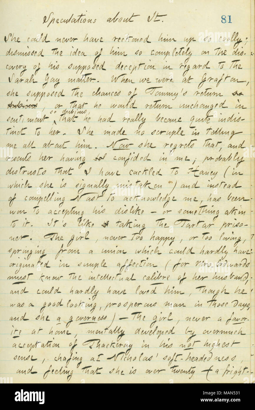 In Bezug auf das Engagement von Thomas Nast und Sally Edwards. Titel: Thomas Butler Gunn Tagebücher: Band 16, Seite 96, 14. April 1861. 14. April 1861. Gunn, Thomas Butler, 1826-1903 Stockfoto