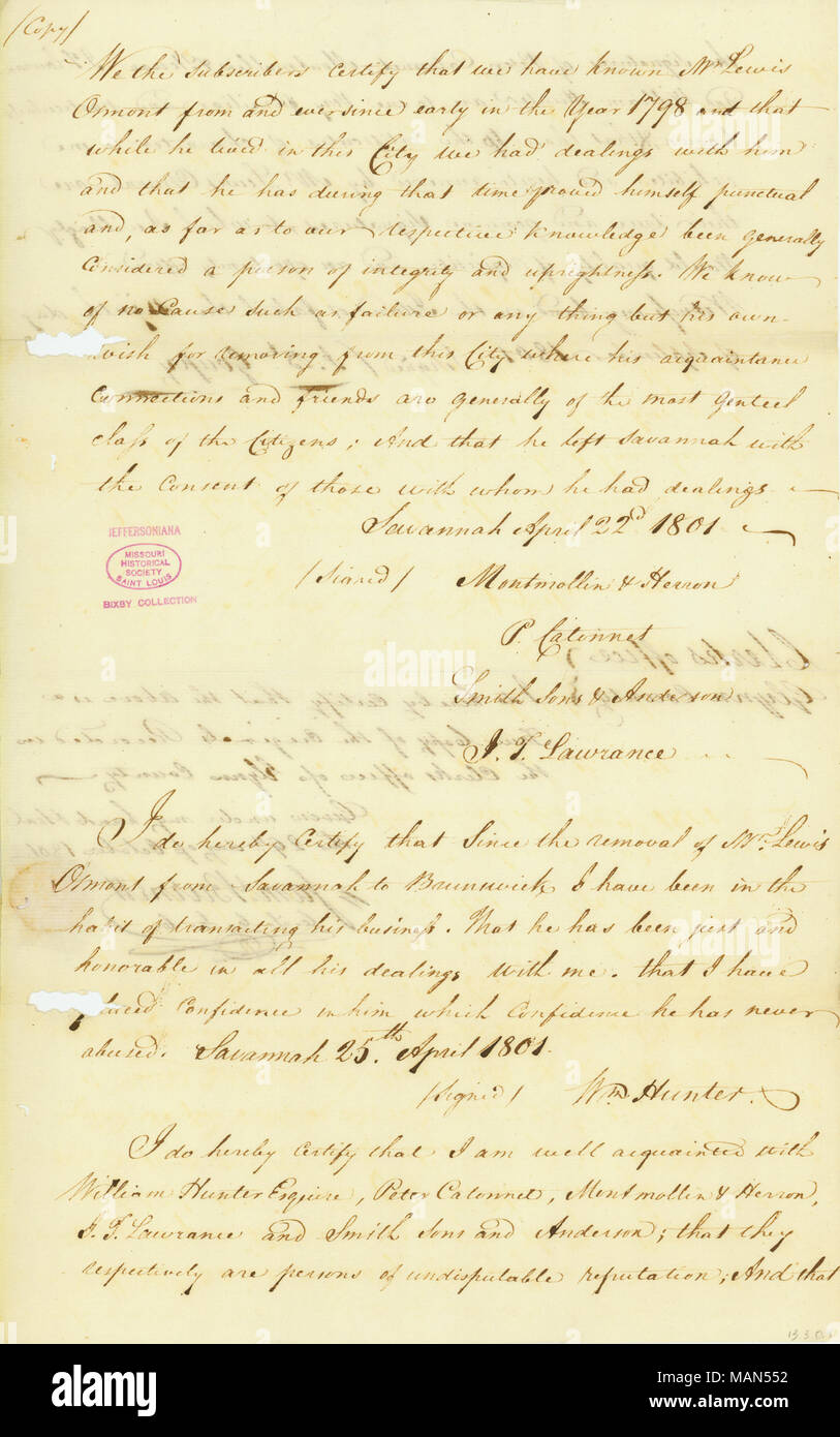 Bestätige, dass Lewis Osmont ist eine Person der Integrität und Redlichkeit. Mit Osment's Brief an Jefferson am 1. Oktober 1801 beigefügt. Titel: Transkription Kopie einer eidesstattlichen Erklärung unterzeichnet von Peter Catonnet, J. T. Lawrence, und William Hunter, April 22-25, 1801. April 1801. Catonnet, Peter Stockfoto