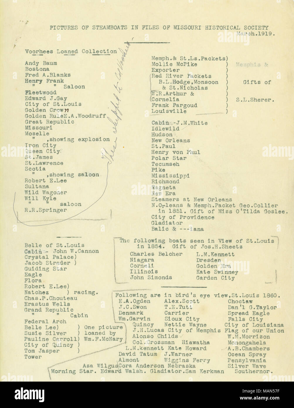 Titel: Ms. Liste der Abbildungen der Dampfschiffe in den Dateien des Missouri Historical Society, März 1919. März 1919. Stockfoto