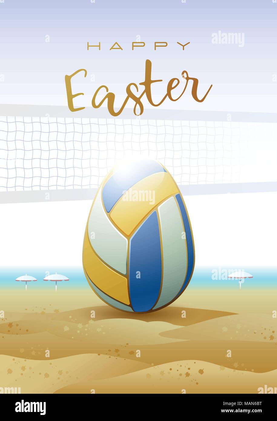 Frohe Ostern. Eine realistische Osterei als Beachvolleyball Ball. Sport Grußkarte. Vector Illustration. Stock Vektor