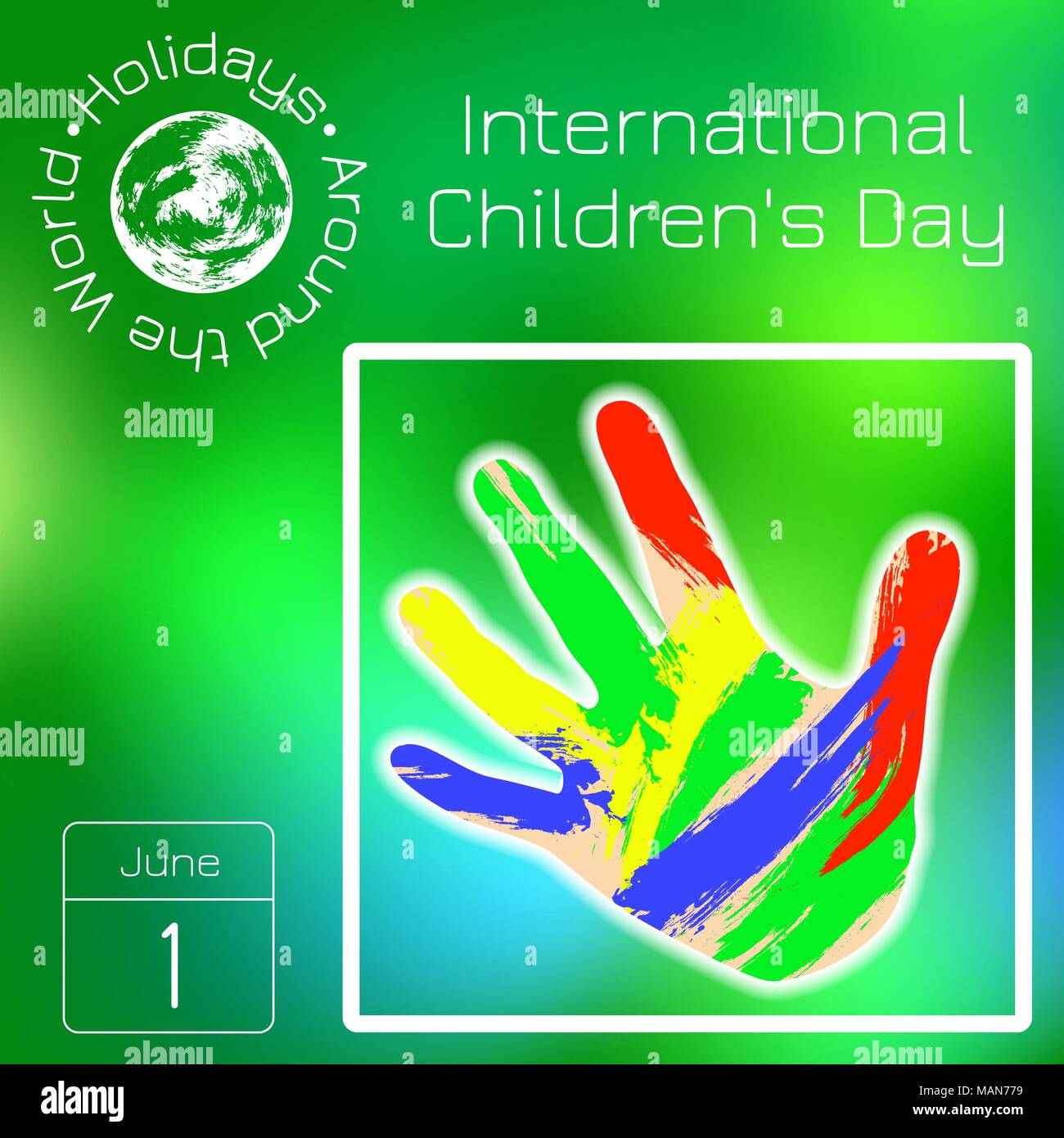 Kalender. Urlaub rund um die Welt. Ereignis des Tages. Grüne blur Hintergrund - Name, Datum, Abbildung. Internationalen Tag der Kinder. Kinder Palmen Stock Vektor