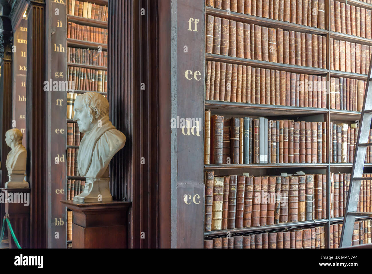 Statuen und Bücherregale in der langen Raum in der alten Bibliothek des Trinity College in Dublin, Irland Stockfoto