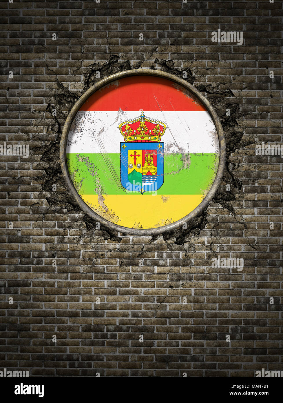 3D-Rendering eines spanischen La Rioja Gemeinschaft Flagge über eine rostige Metallplatte eingebettet auf einer alten Mauer Stockfoto