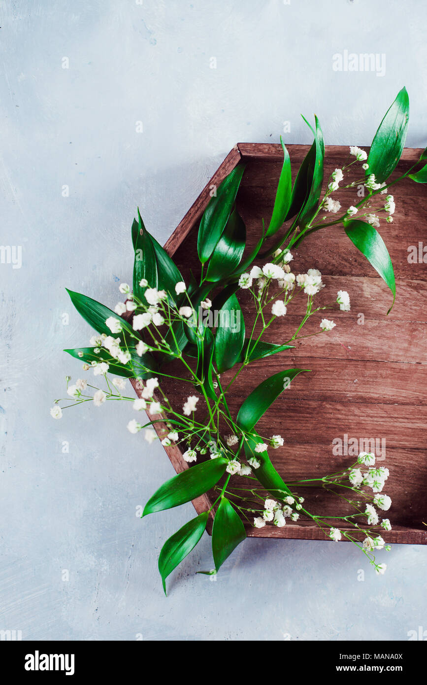 Sechskant Holz- Fach mit grünen Blättern und kleinen, weißen Blüten. Feder flach auf einen konkreten Hintergrund mit kopieren. Stockfoto