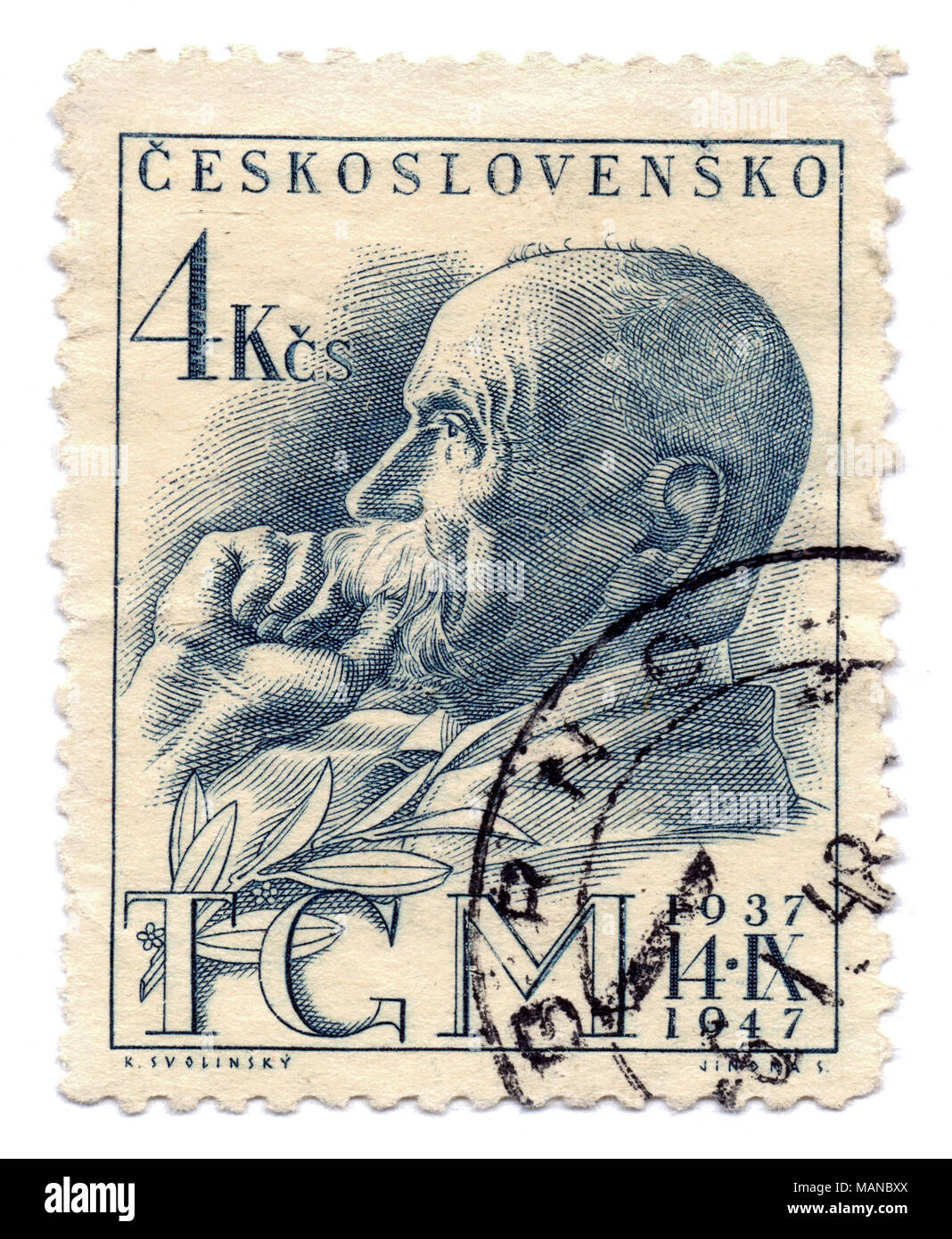 Tomas Garrigue Masaryk, erste tschechoslowakische Präsident (1918-1935) auf Briefmarken, in Prag, Tschechoslowakei (heute Tschechien), 1947 gedruckt. Stockfoto