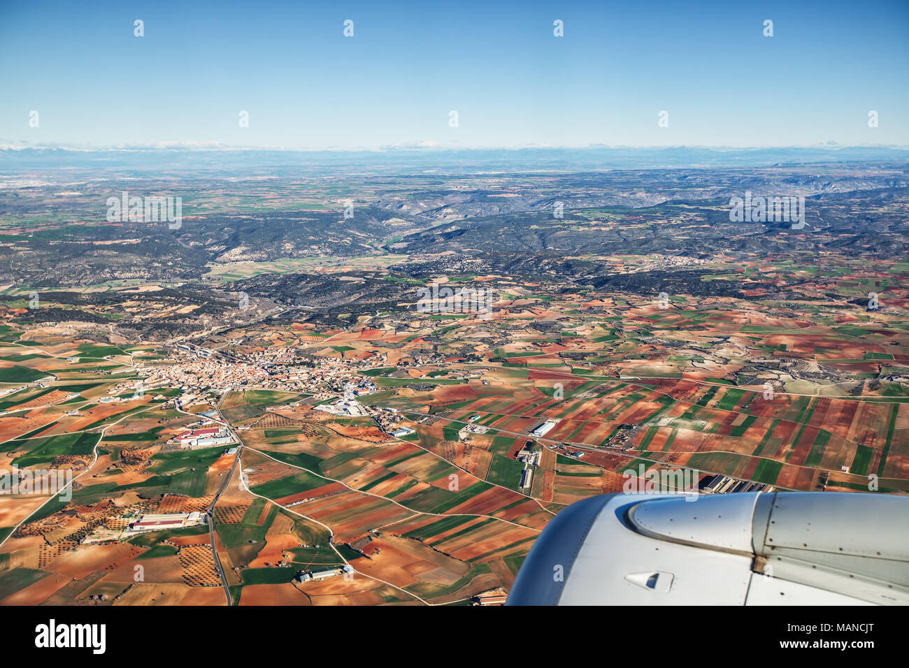 Bewirtschaftete Felder Luftaufnahme vom Flugzeug in der Nähe von Madrid, Spanien Stockfoto