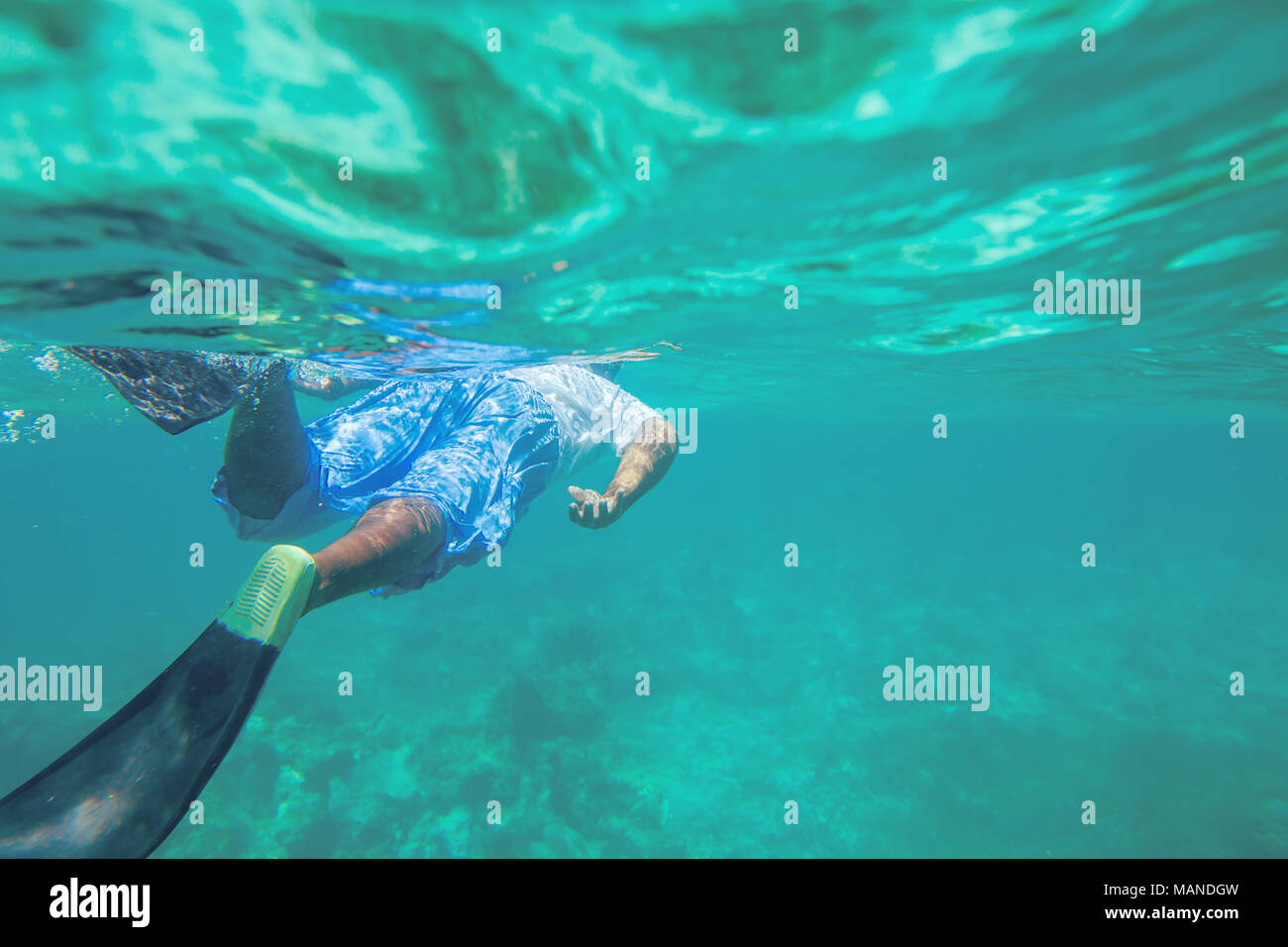 Junger Mann sich Tauchen und Schnorcheln über ein Riff im Meer der Karibik Stockfoto