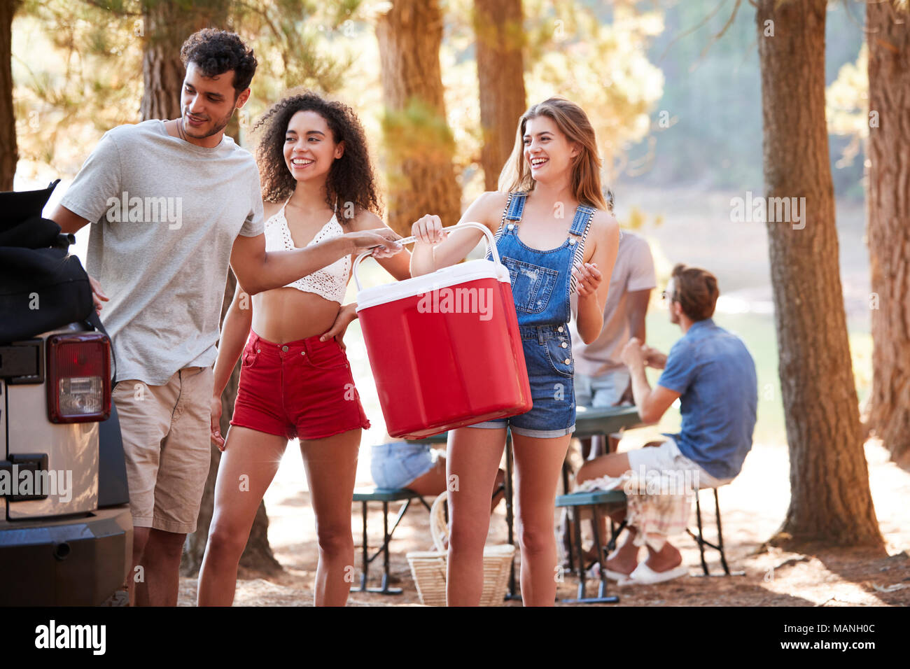 Drei junge erwachsene Freunde mit einer Kühlbox an einem See Stockfoto