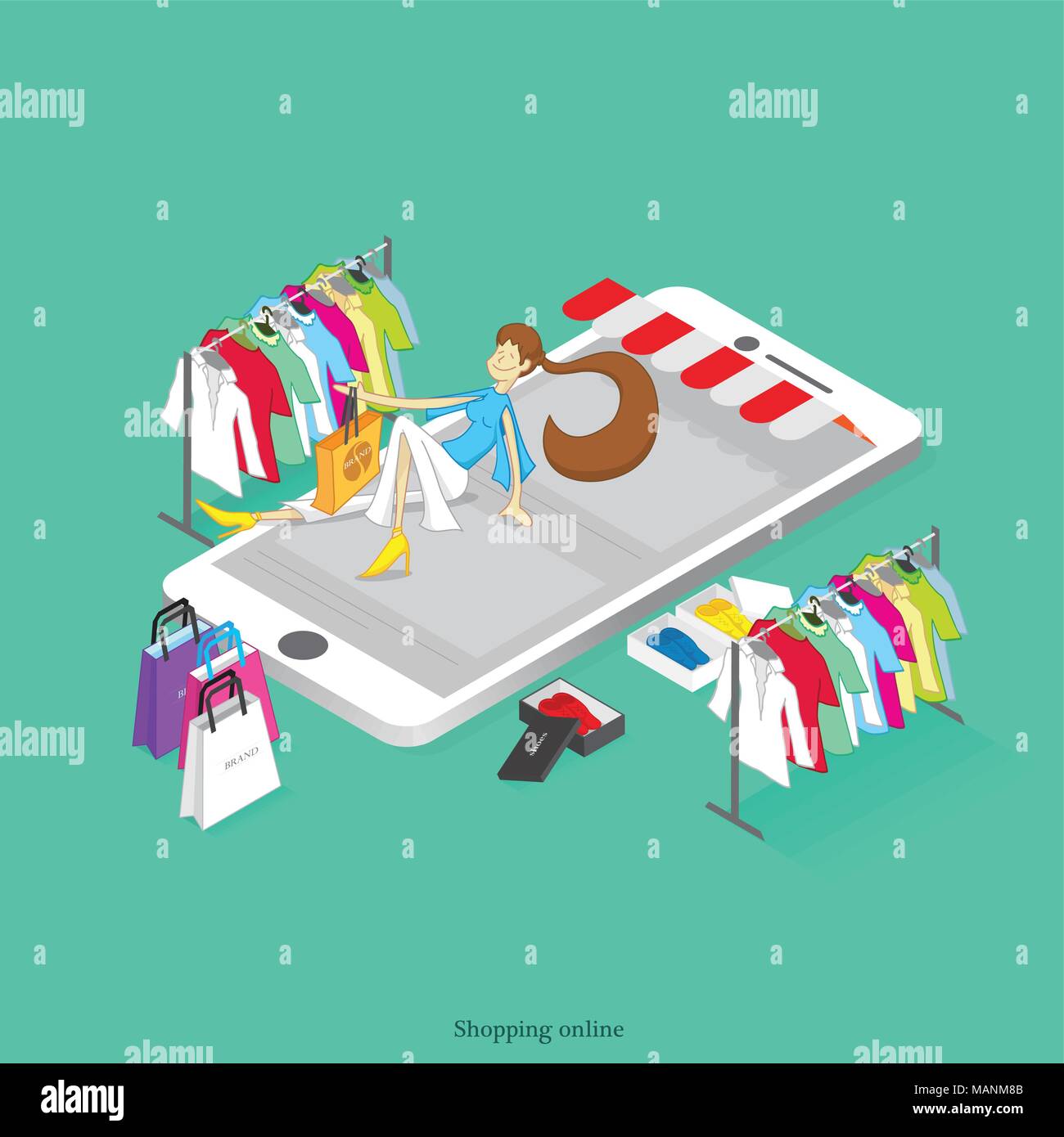 Girl shopping online, Illustration, mobile, Mode, Beauty Stock Vektor