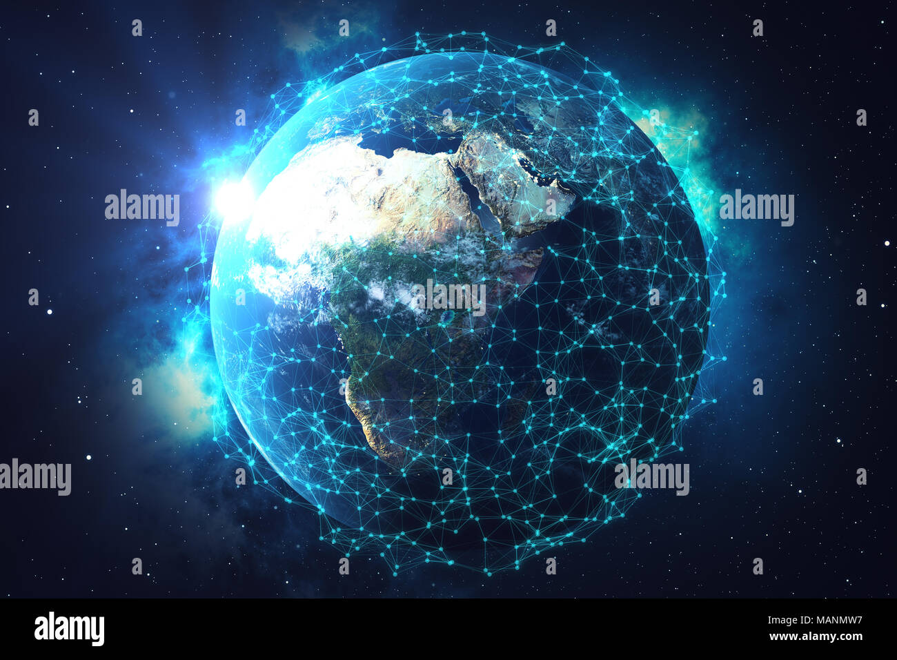 3D-rendering Netzwerk und Datenaustausch über den Planeten Erde im Weltraum. Verbindung Linien um die Erdkugel. Blue Sunrise. Globale internationale Konnektivität. Elemente dieses Bild von der NASA eingerichtet Stockfoto