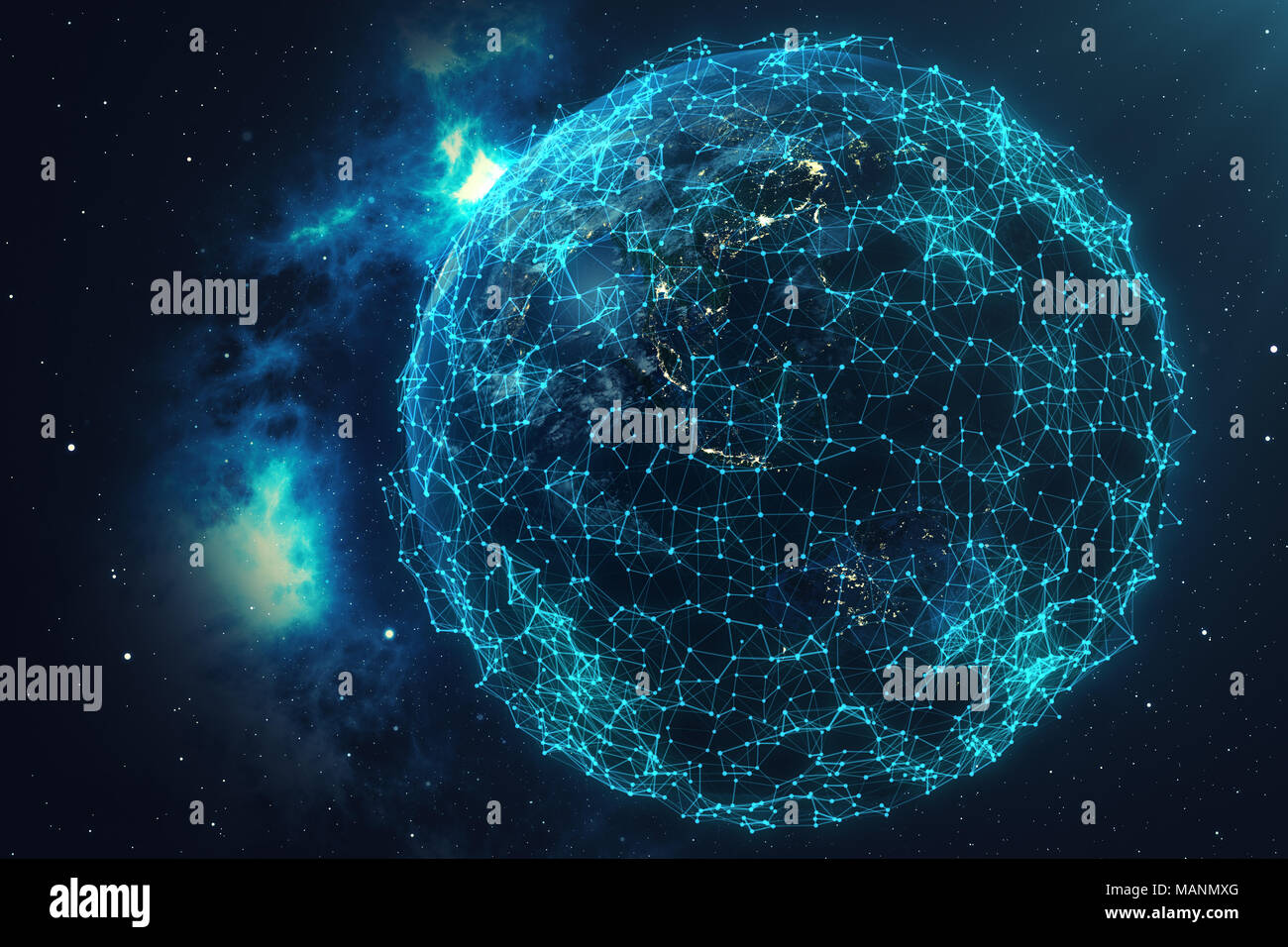 3D-rendering Netzwerk und Datenaustausch über den Planeten Erde im Weltraum. Verbindung Linien um die Erdkugel. Globale internationale Konnektivität. Elemente dieses Bild von der NASA eingerichtet Stockfoto
