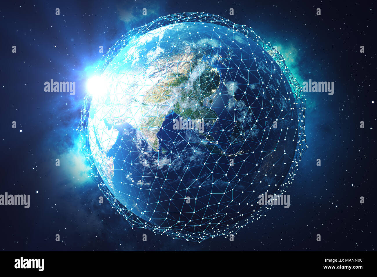 3D-rendering Netzwerk und Datenaustausch über den Planeten Erde im Weltraum. Verbindung Linien um die Erdkugel. Blue Sunrise. Globale internationale Konnektivität. Elemente dieses Bild von der NASA eingerichtet Stockfoto