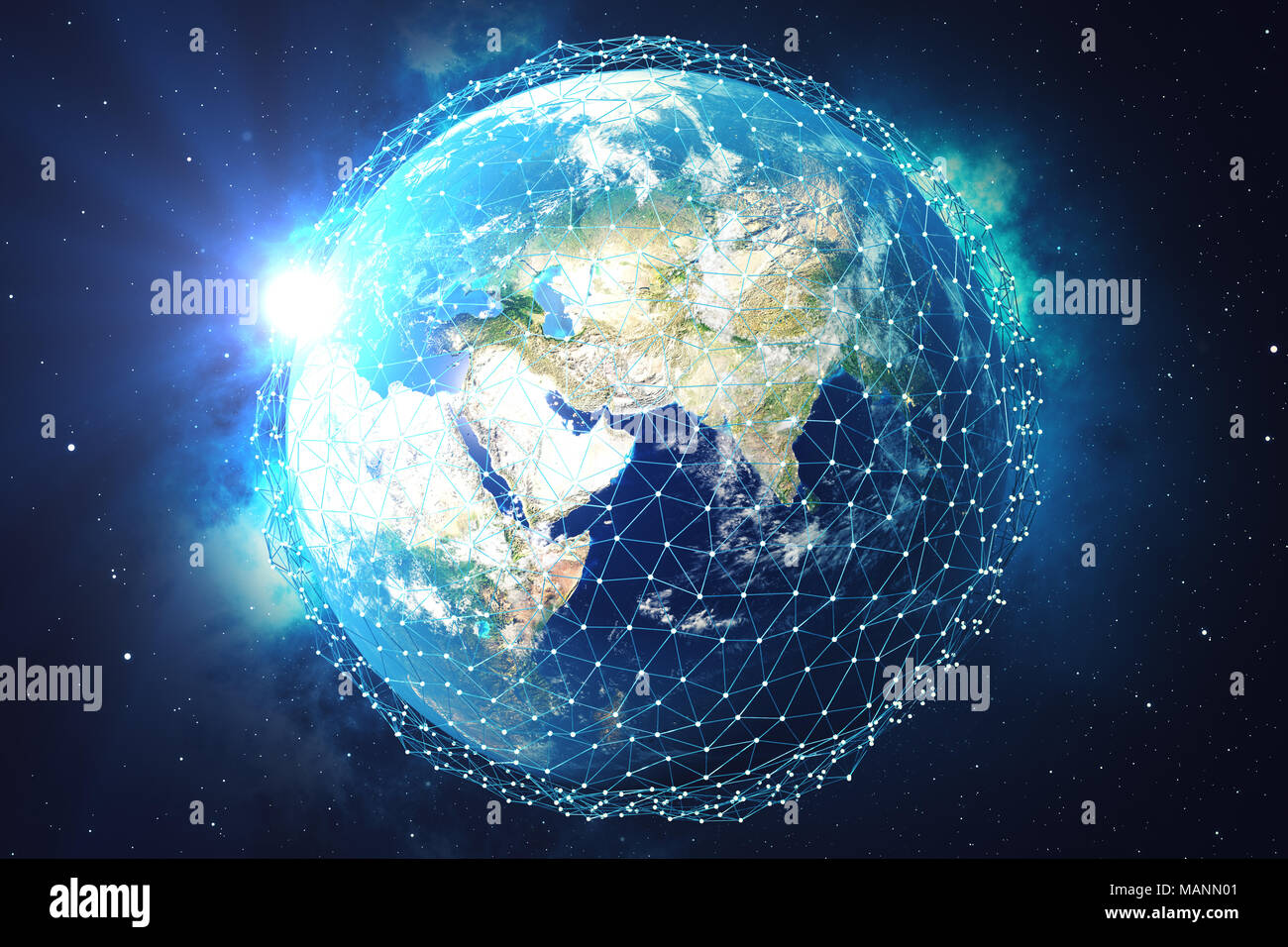 3D-rendering Netzwerk und Datenaustausch über den Planeten Erde im Weltraum. Verbindung Linien um die Erdkugel. Blue Sunrise. Globale internationale Konnektivität. Elemente dieses Bild von der NASA eingerichtet Stockfoto