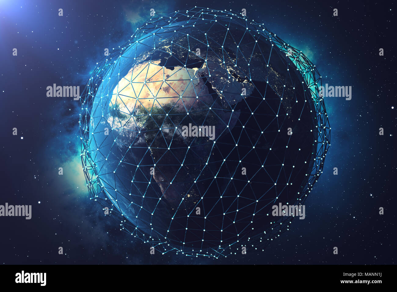 3D-rendering Netzwerk und Datenaustausch über den Planeten Erde im Weltraum. Verbindung Linien um die Erdkugel. Globale internationale Konnektivität. Elemente dieses Bild von der NASA eingerichtet Stockfoto