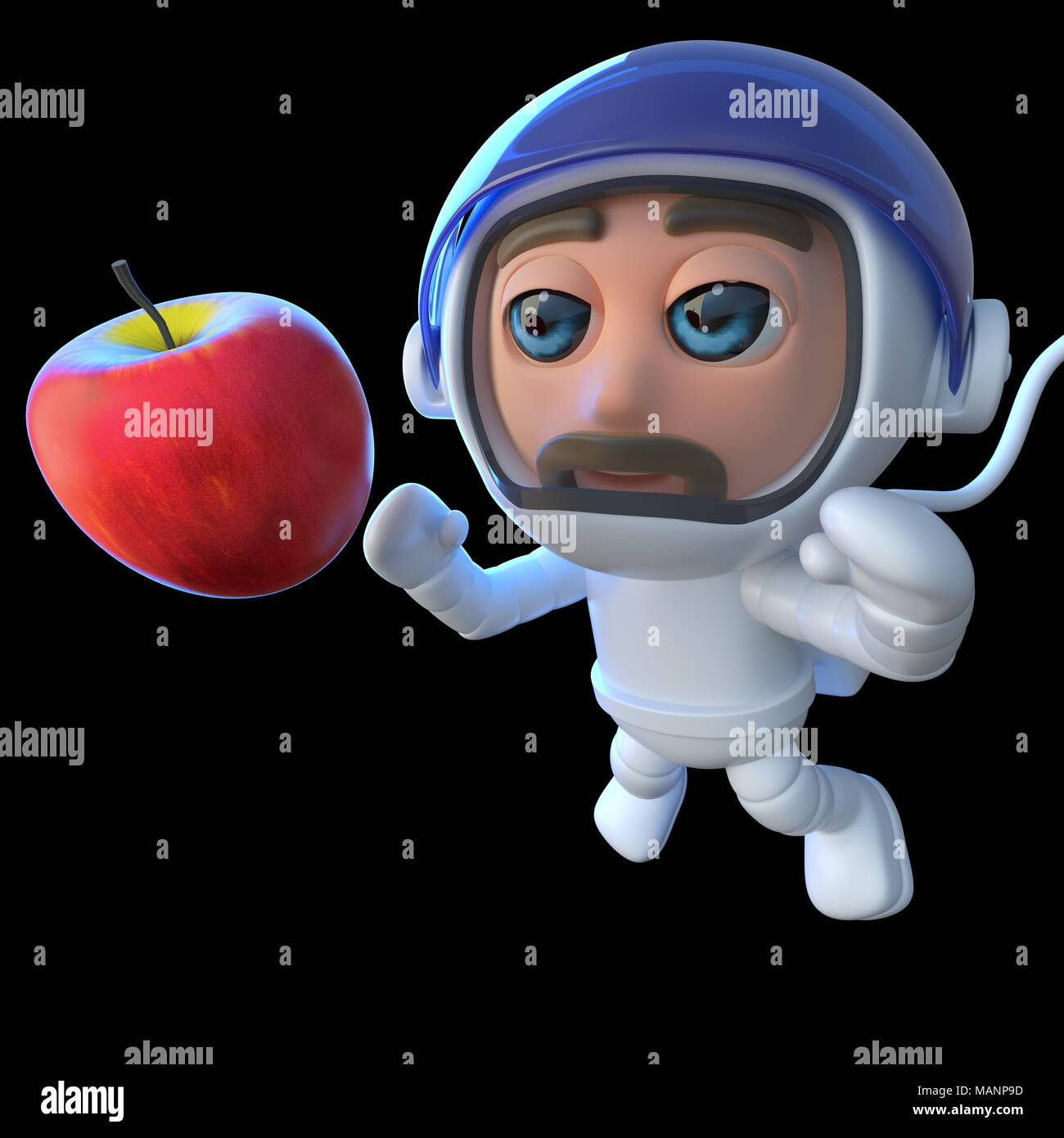 3DRender eines lustigen Cartoon spaceman Astronaut in einem Apple im
