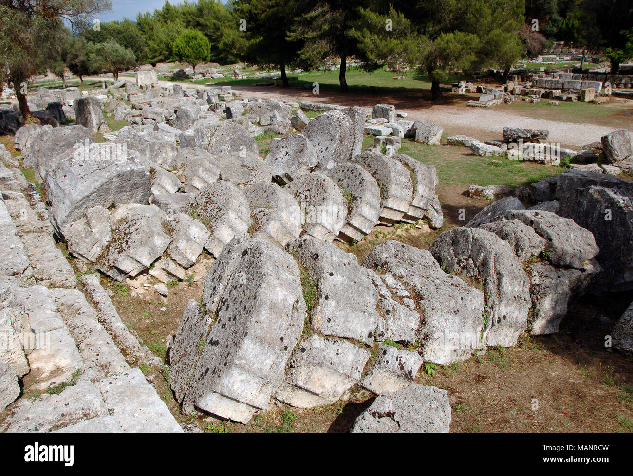 Griechenland, Olimpia. Tempel des Zeus. Es wurde durch den Architekten Libon von Elis, 5. Jahrhundert v. Chr. erbaut. Dorischer Ordnung. Bleibt der Welle der Spalten. Peloponnes. Stockfoto