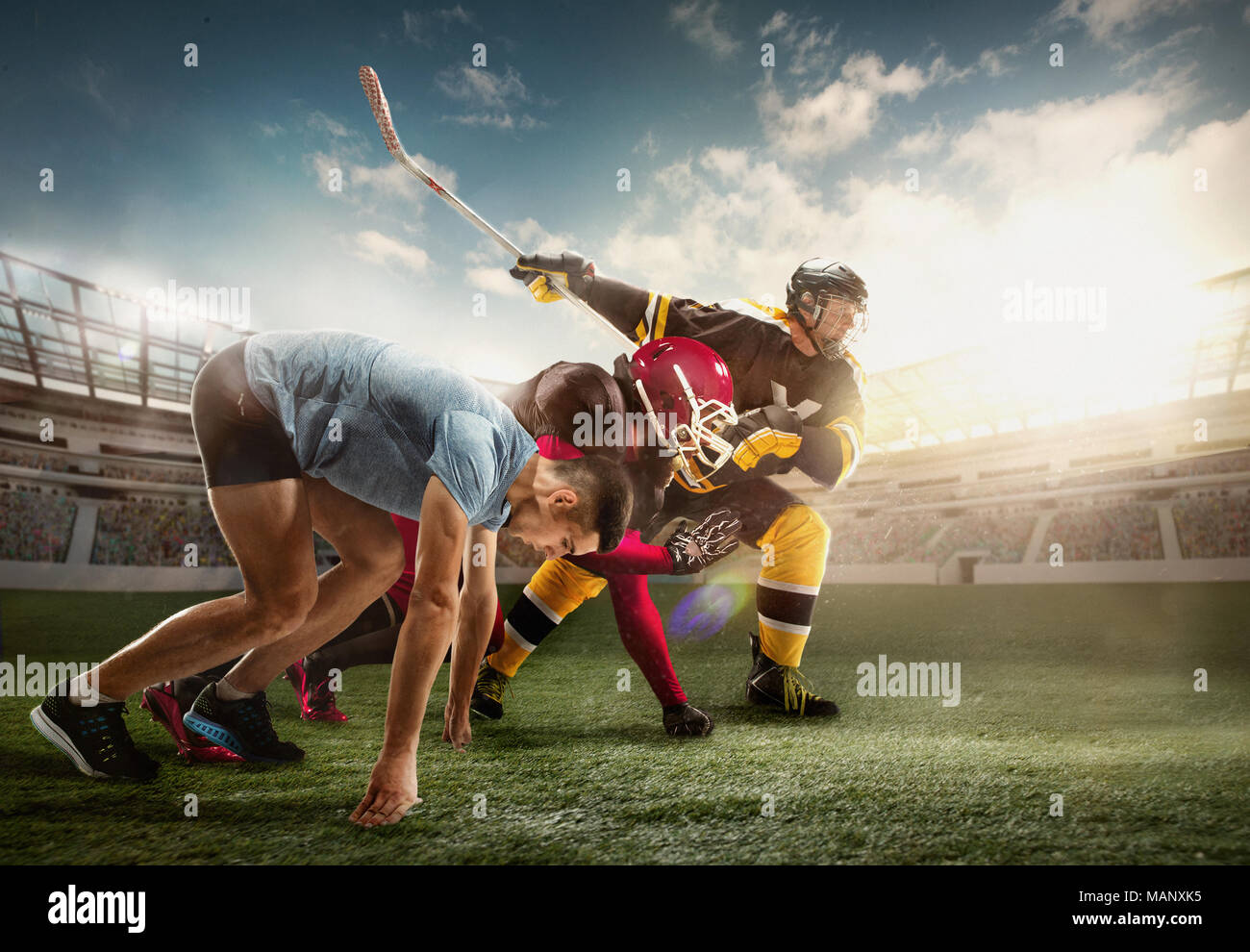Multi Sport Collage über Eishockey, laufen, American Football Spieler bei Stadion Stockfoto