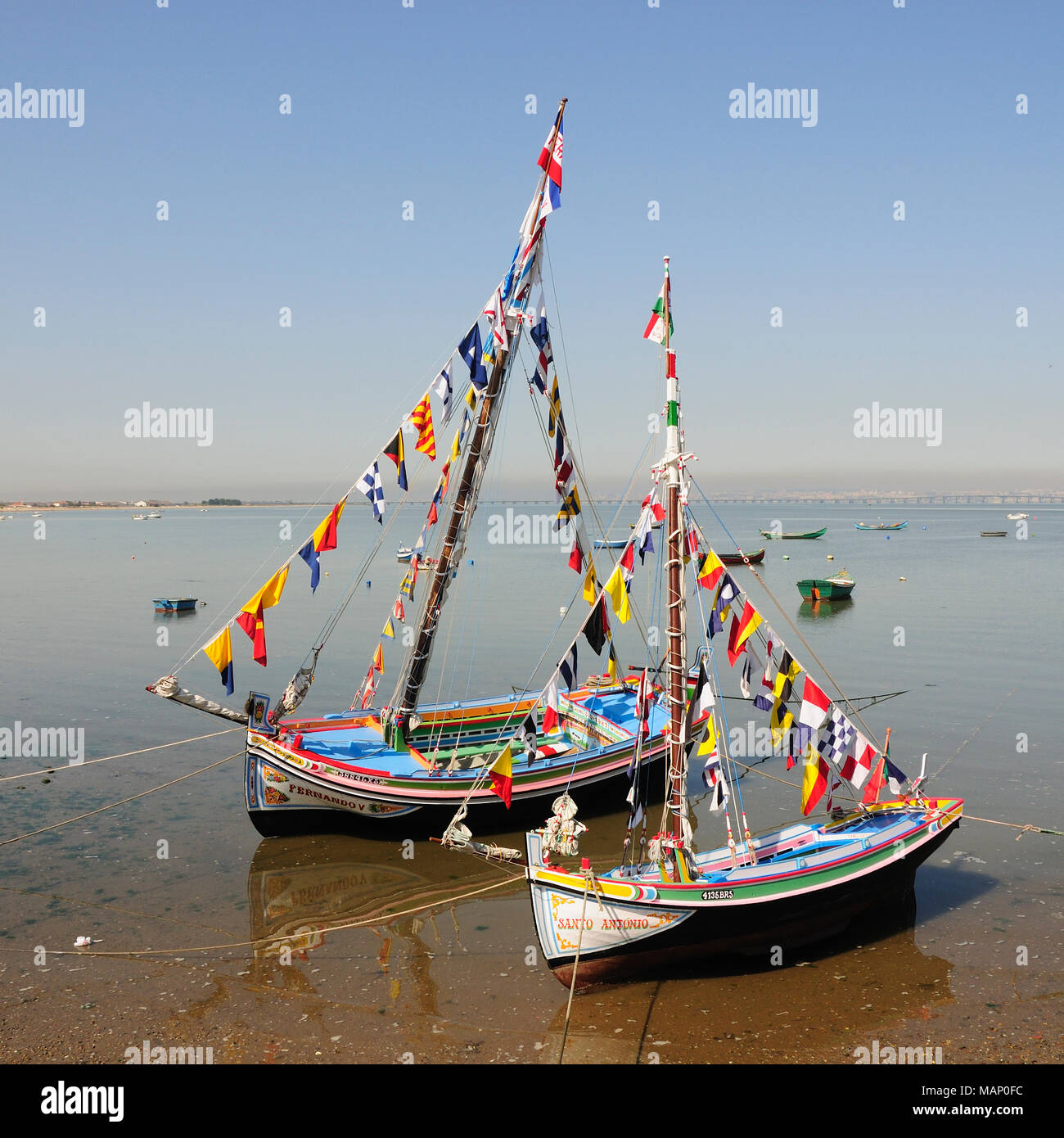 Traditionelle Boote in Alcochete, den Fluss Tejo. Portugal Stockfoto