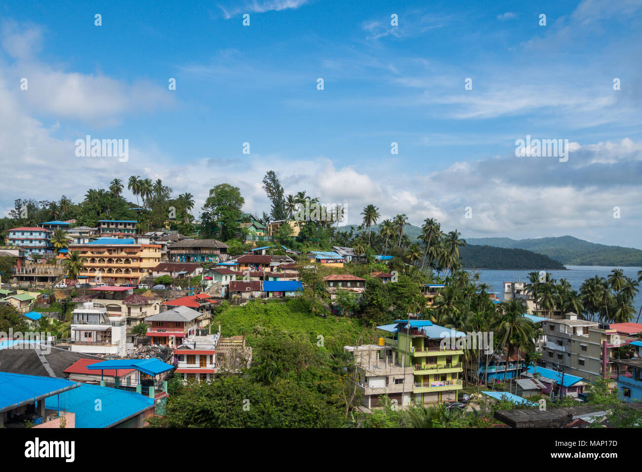 Port Blair city top Aussicht, eine kleine Insel in Südostasien. Küsten indischen Stadt Stadt. Andaman und Nicobar Inseln. Stockfoto