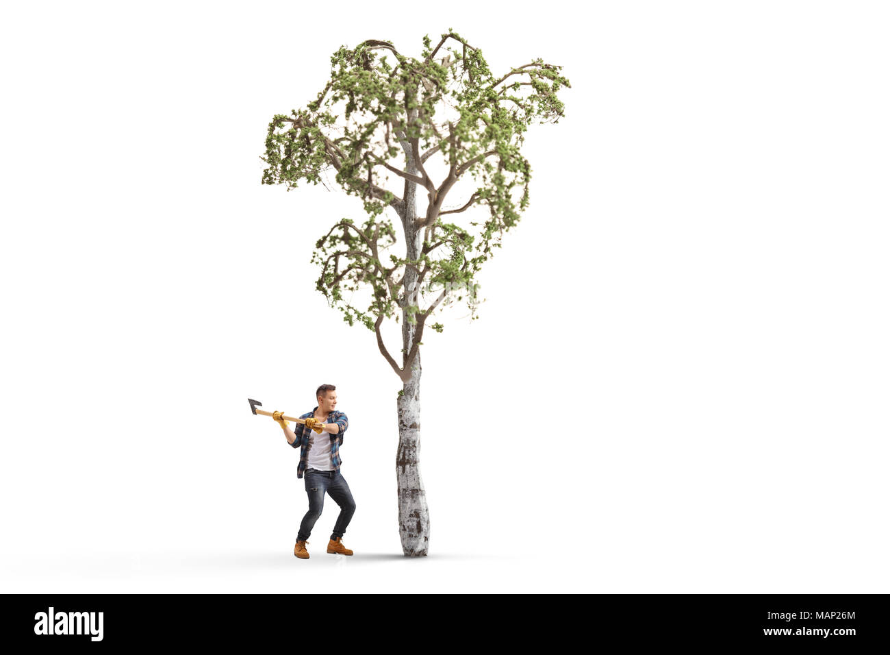 Volle Länge Profil geschossen von einem jungen Mann mit einer Axt einen auf weißem Hintergrund Stockfoto Volle Länge Profil geschossen von einem jungen Mann mit einer Axt einen auf weißem Hintergrund Stockfoto