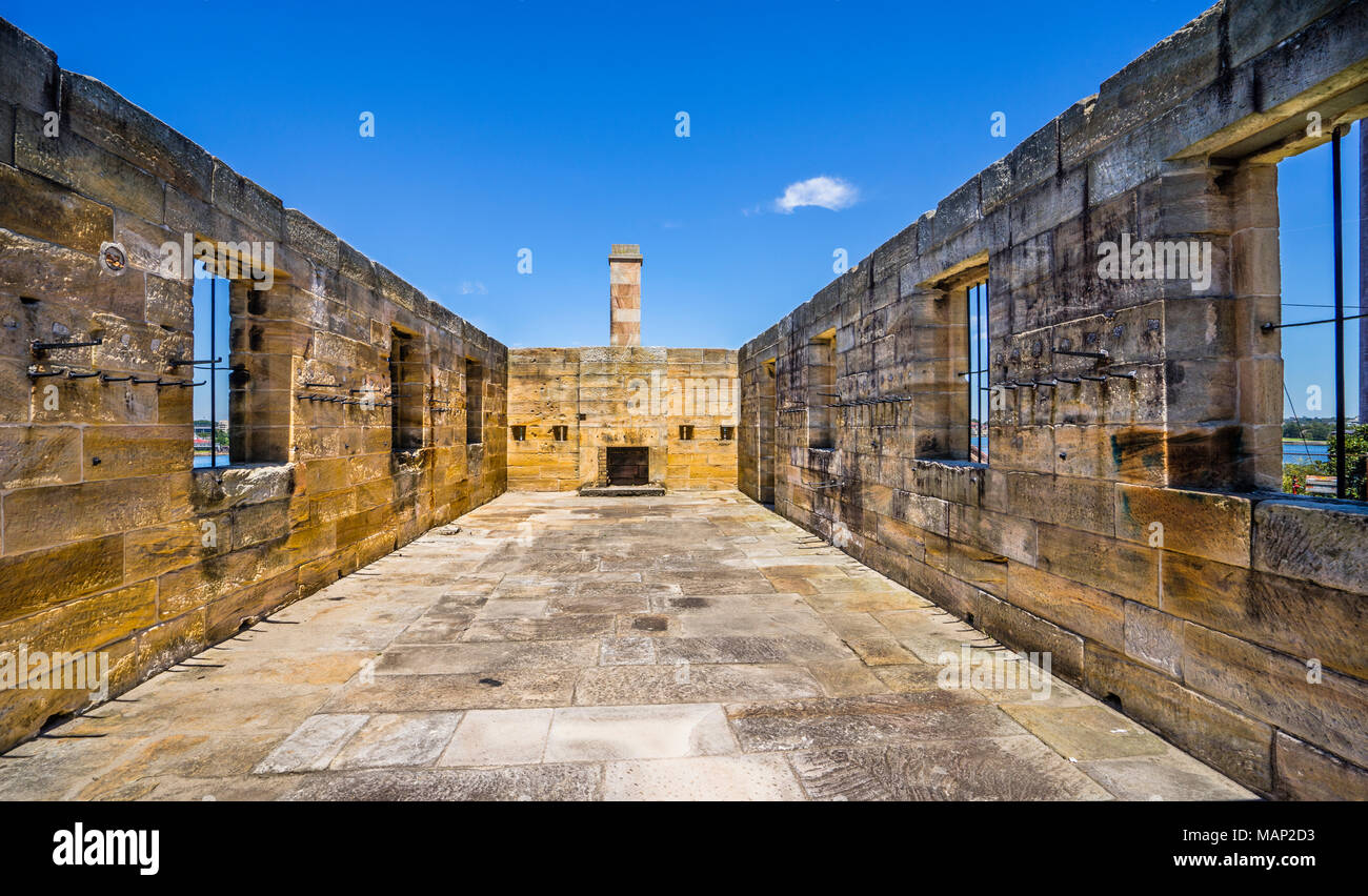 Überführen Sie Sandstein erbaute Gebäude aus der Mitte des ninteenth Century, wenn arbeit überführen verwandelt Cockatoo Island in eine industrielle Dockyard, Cockato Stockfoto