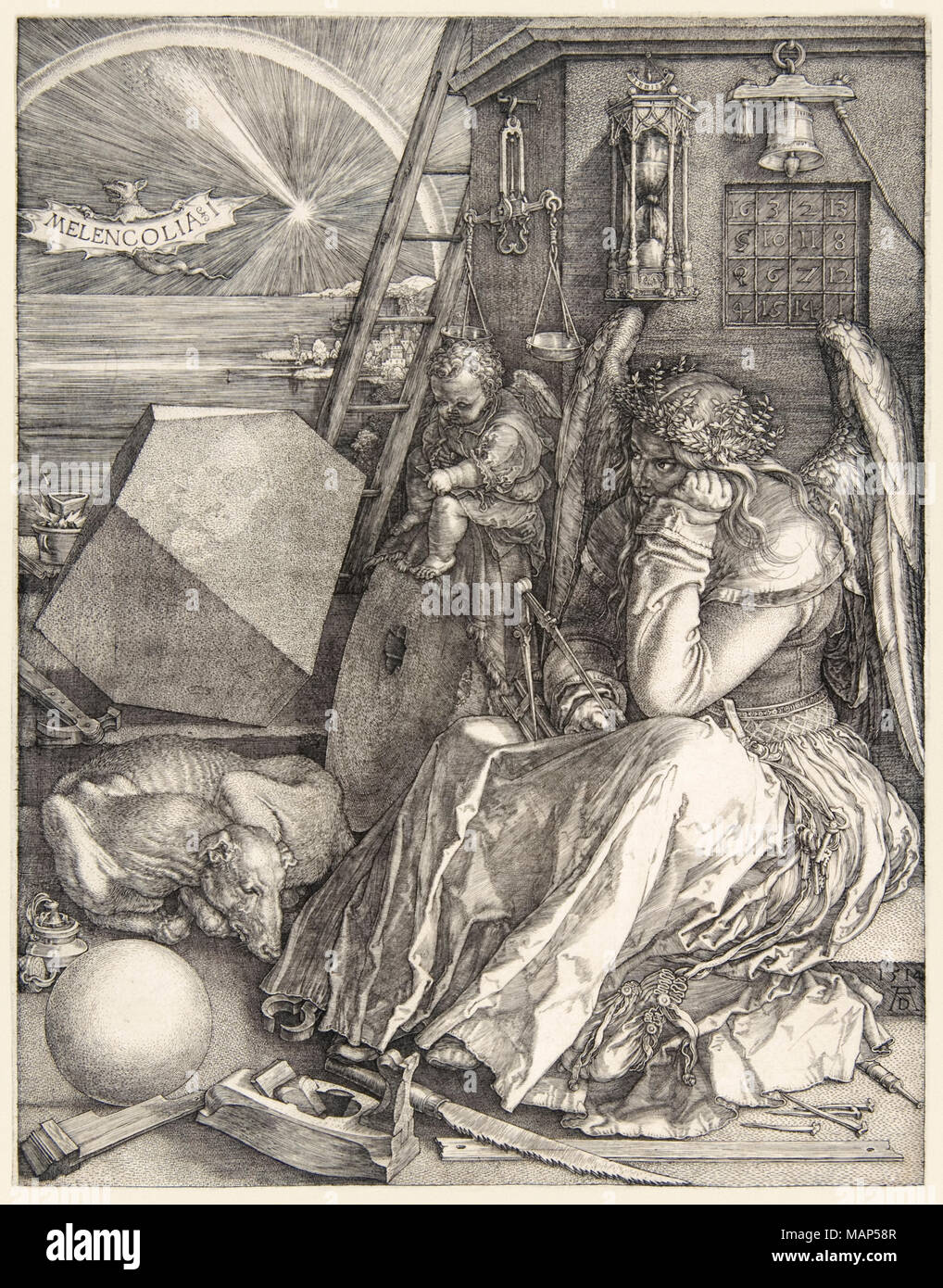 'Melencolia I' von Albrecht Dürer (1471-1528) Auf seiner 3 master Gravuren in 1514 abgeschlossen. Weitere Informationen finden Sie unten. Stockfoto
